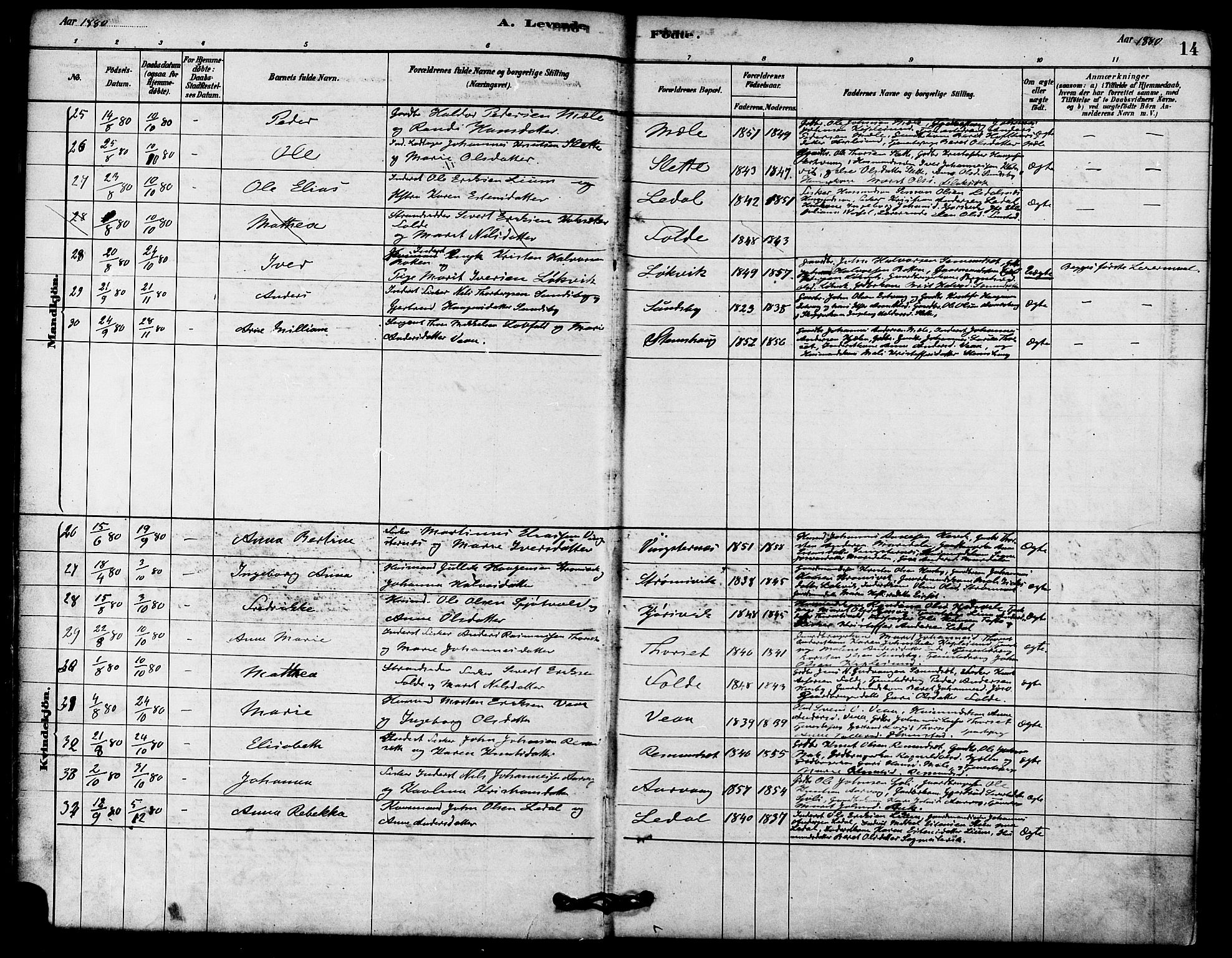 Ministerialprotokoller, klokkerbøker og fødselsregistre - Møre og Romsdal, AV/SAT-A-1454/578/L0906: Parish register (official) no. 578A05, 1878-1886, p. 14