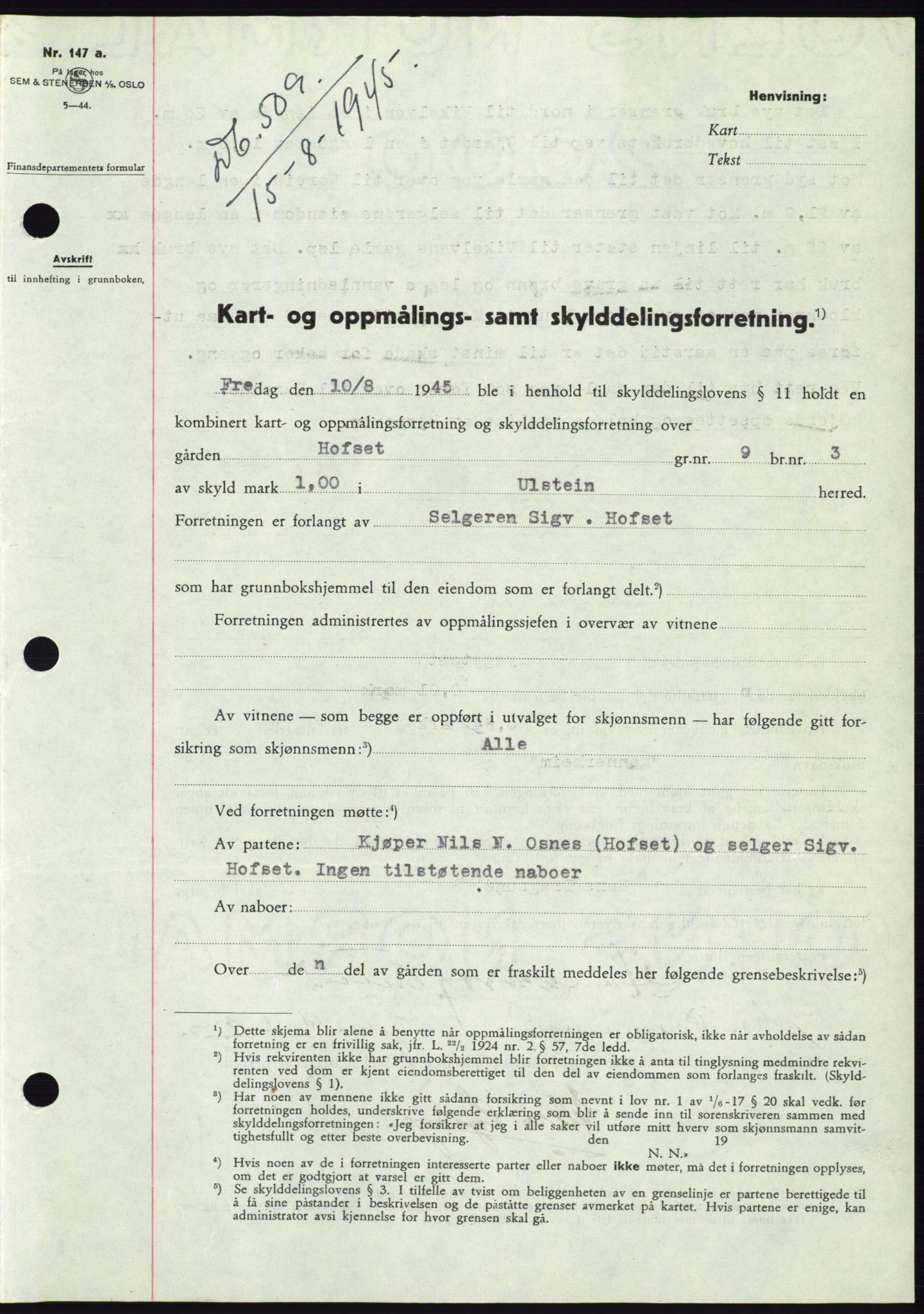 Søre Sunnmøre sorenskriveri, AV/SAT-A-4122/1/2/2C/L0077: Mortgage book no. 3A, 1945-1946, Diary no: : 509/1945