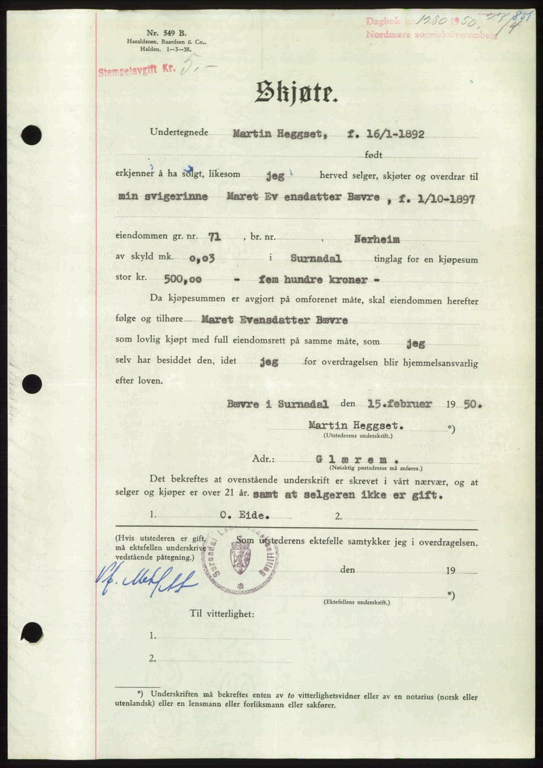 Nordmøre sorenskriveri, AV/SAT-A-4132/1/2/2Ca: Mortgage book no. A114, 1950-1950, Diary no: : 1280/1950