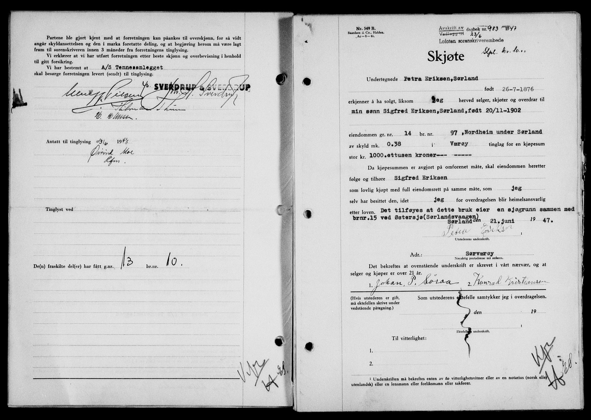 Lofoten sorenskriveri, SAT/A-0017/1/2/2C/L0016a: Mortgage book no. 16a, 1947-1947, Diary no: : 983/1947