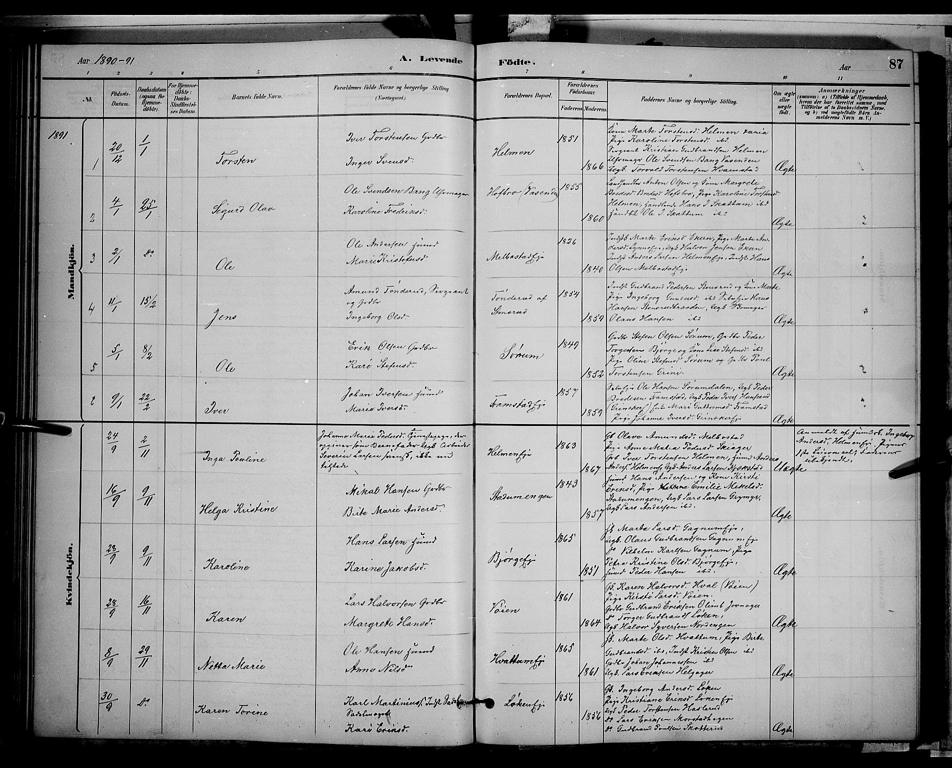 Gran prestekontor, AV/SAH-PREST-112/H/Ha/Hab/L0002: Parish register (copy) no. 2, 1879-1892, p. 87