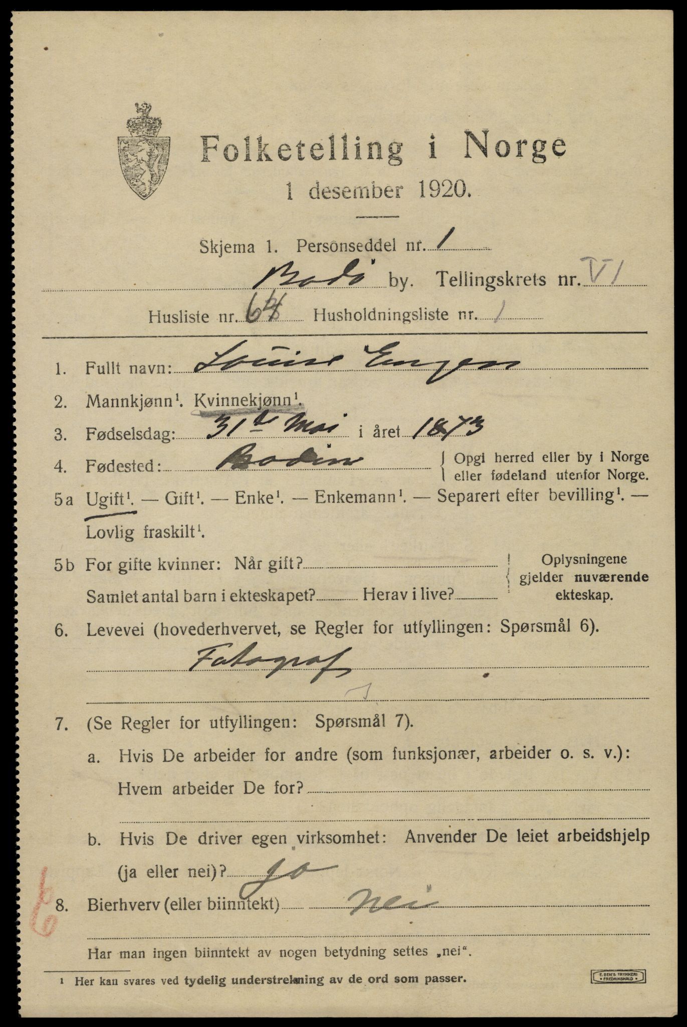 SAT, 1920 census for Bodø, 1920, p. 10925