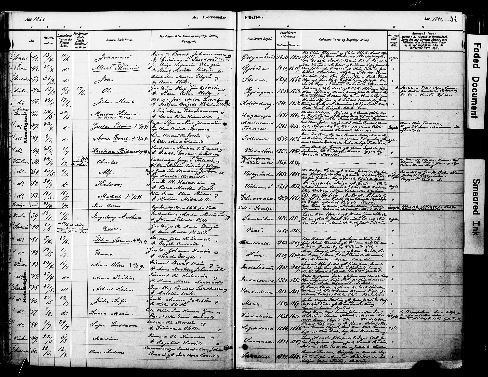 Ministerialprotokoller, klokkerbøker og fødselsregistre - Nord-Trøndelag, AV/SAT-A-1458/723/L0244: Parish register (official) no. 723A13, 1881-1899, p. 54