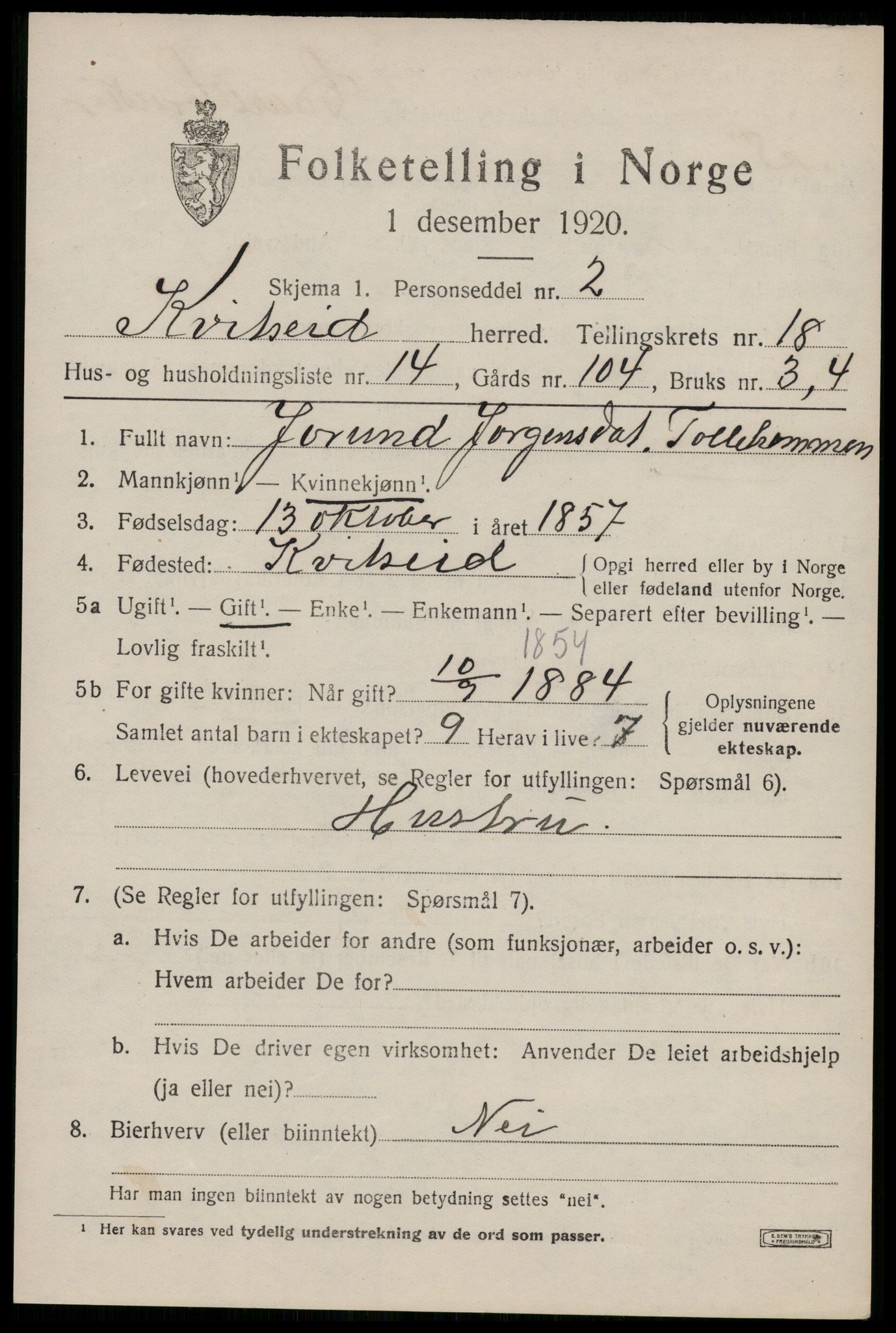 SAKO, 1920 census for Kviteseid, 1920, p. 8209