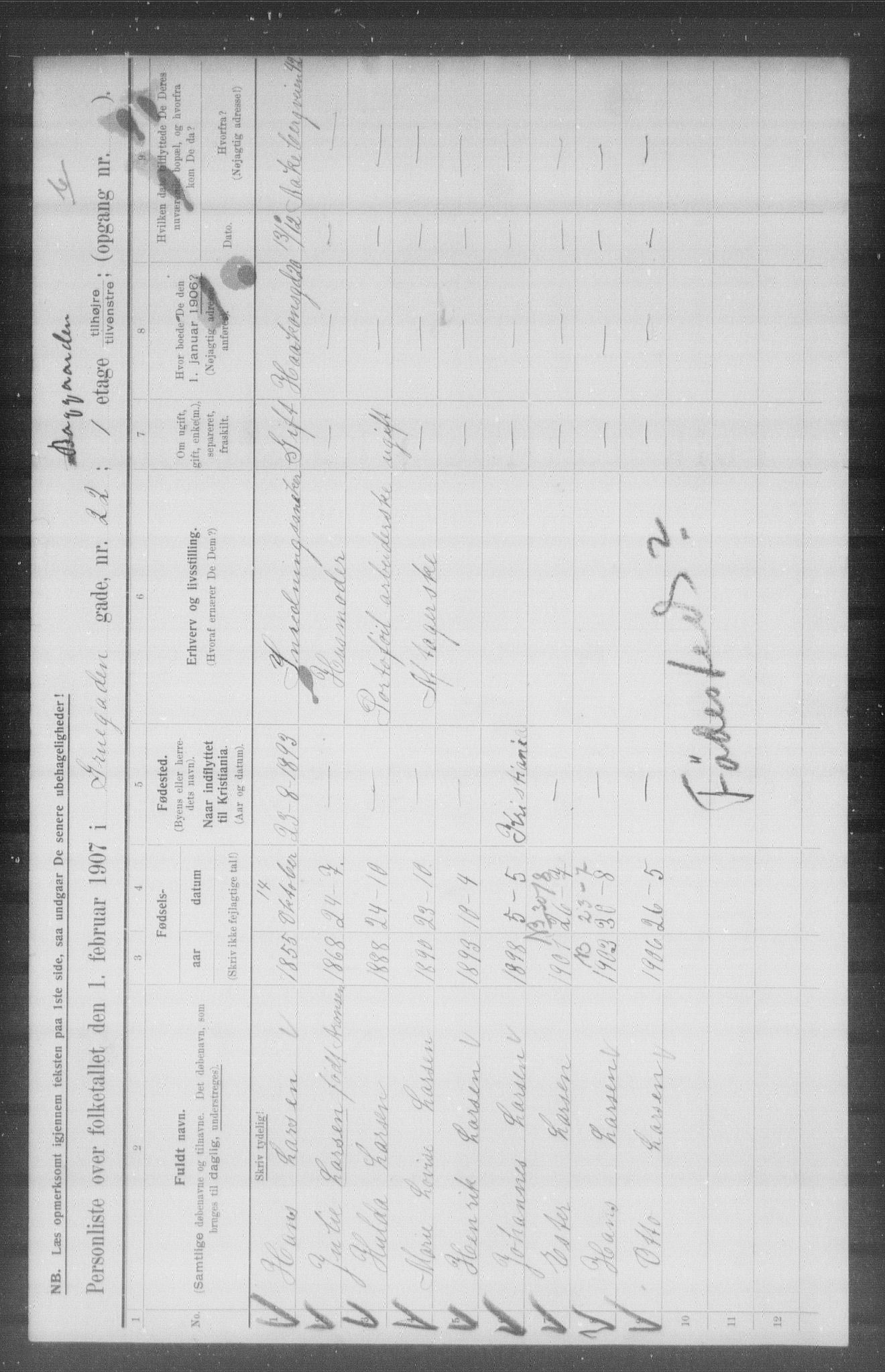 OBA, Municipal Census 1907 for Kristiania, 1907, p. 15565