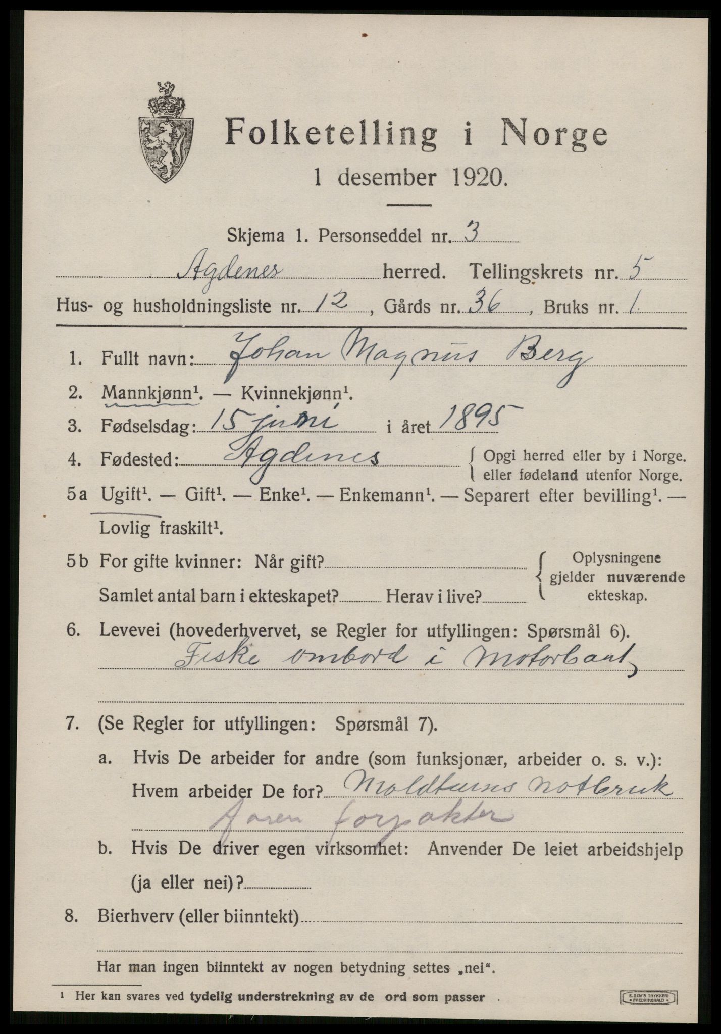 SAT, 1920 census for Agdenes, 1920, p. 2423