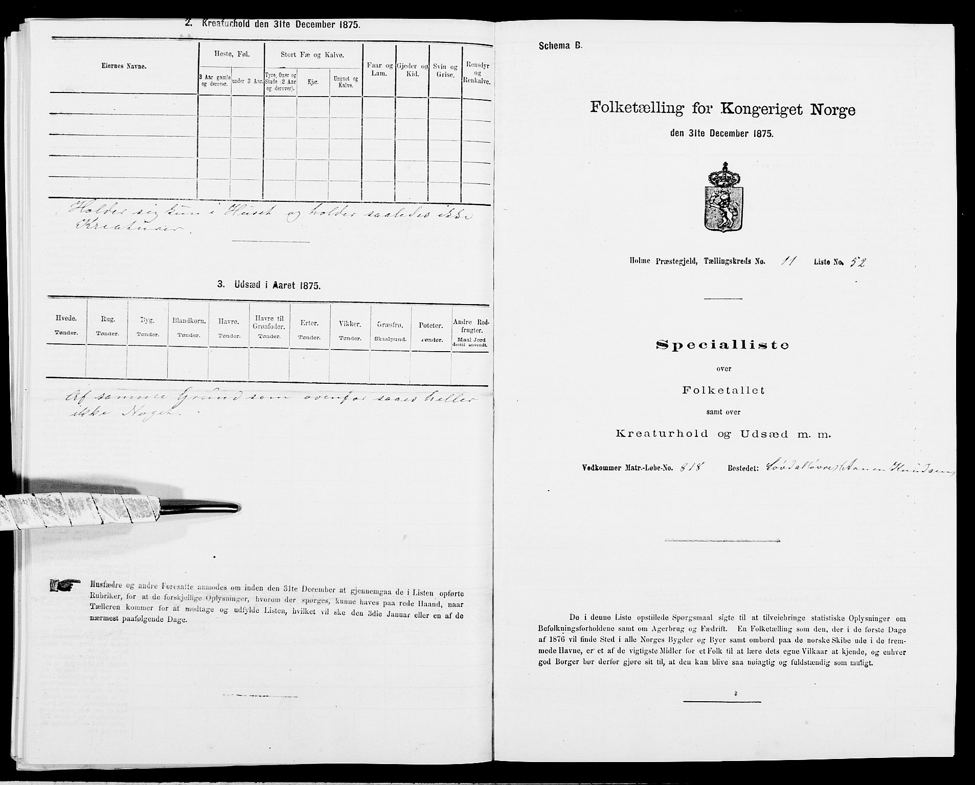 SAK, 1875 census for 1020P Holum, 1875, p. 1218