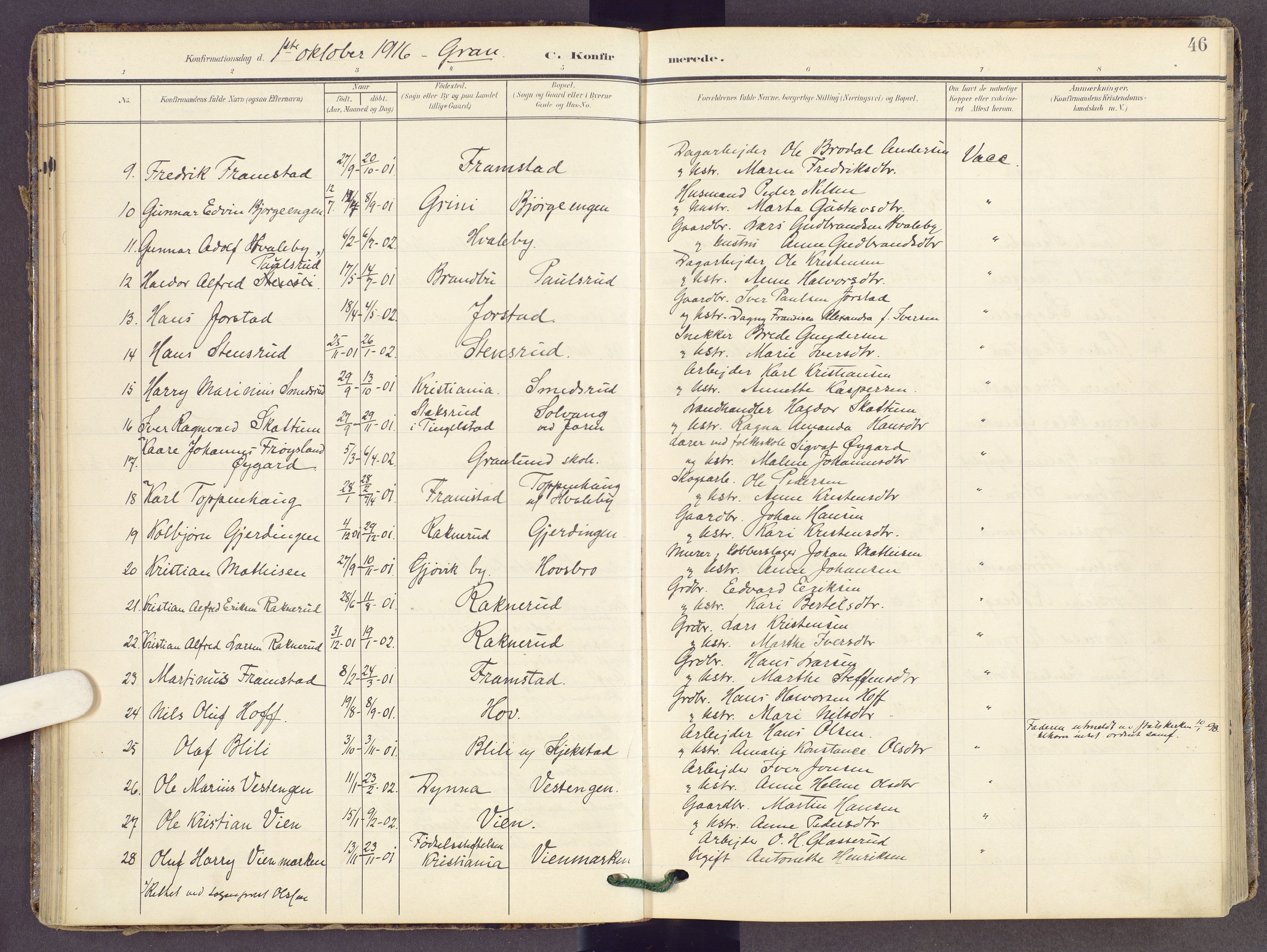 Gran prestekontor, SAH/PREST-112/H/Ha/Haa/L0022: Parish register (official) no. 22, 1908-1918, p. 46