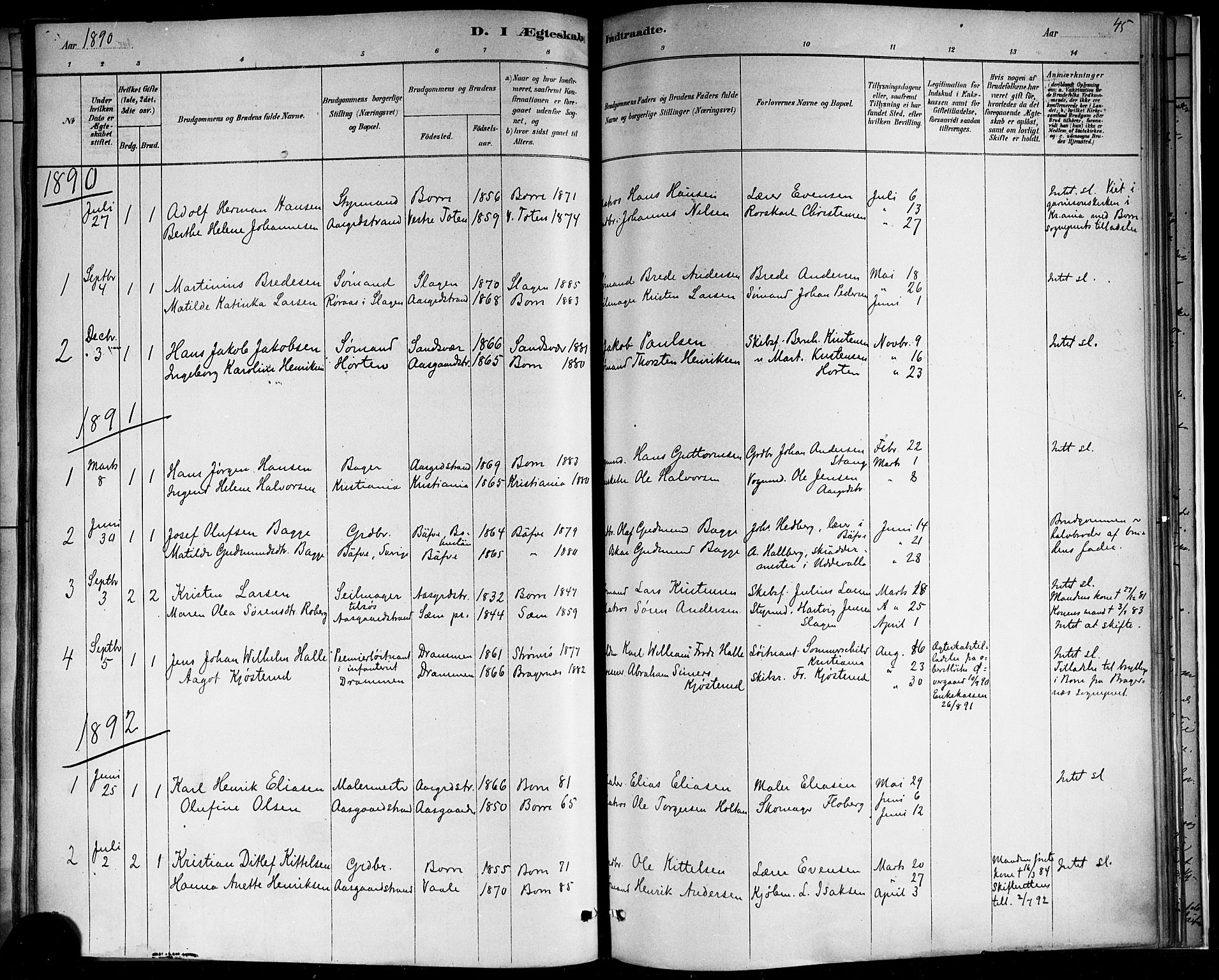 Borre kirkebøker, AV/SAKO-A-338/F/Fb/L0001: Parish register (official) no. II 1, 1878-1892, p. 45