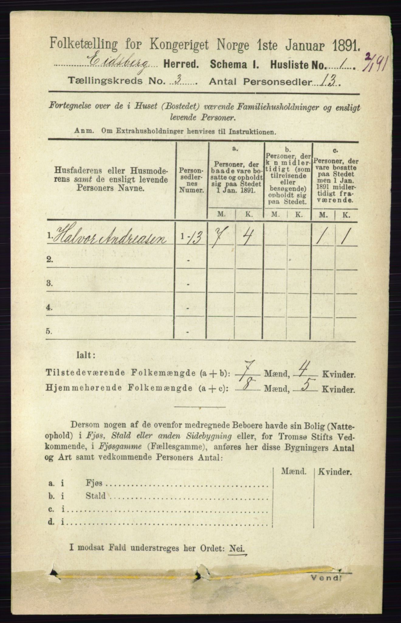 RA, 1891 census for 0125 Eidsberg, 1891, p. 1319