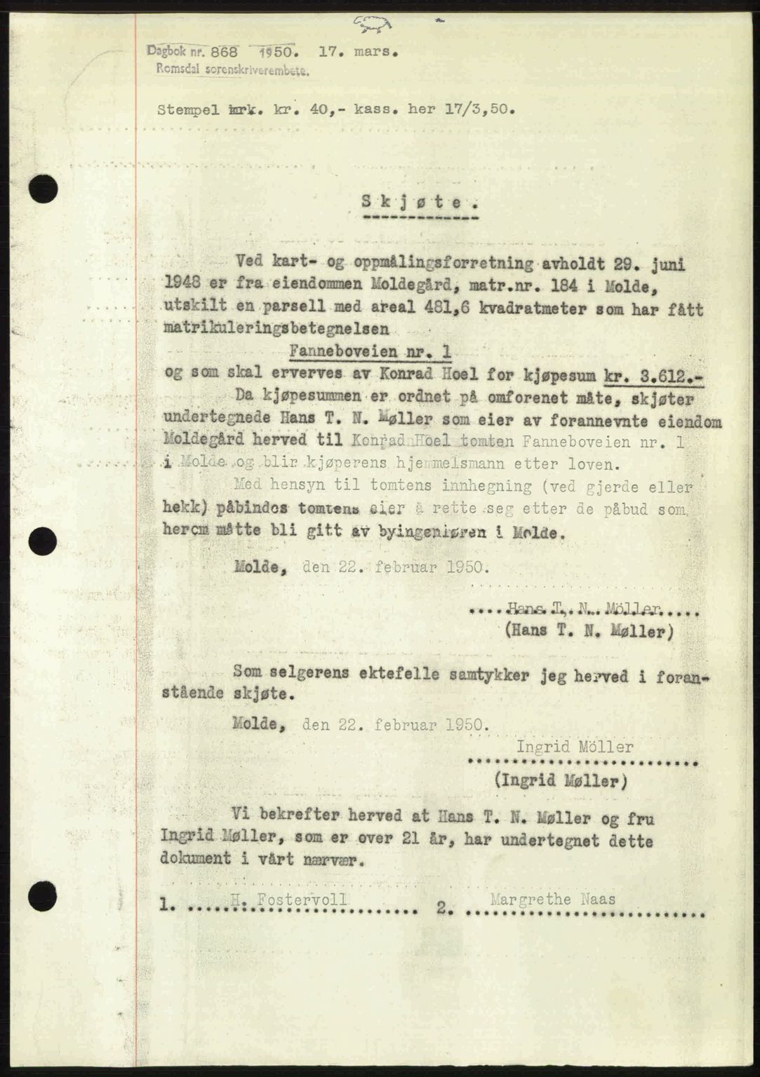 Romsdal sorenskriveri, AV/SAT-A-4149/1/2/2C: Mortgage book no. A32, 1950-1950, Diary no: : 868/1950