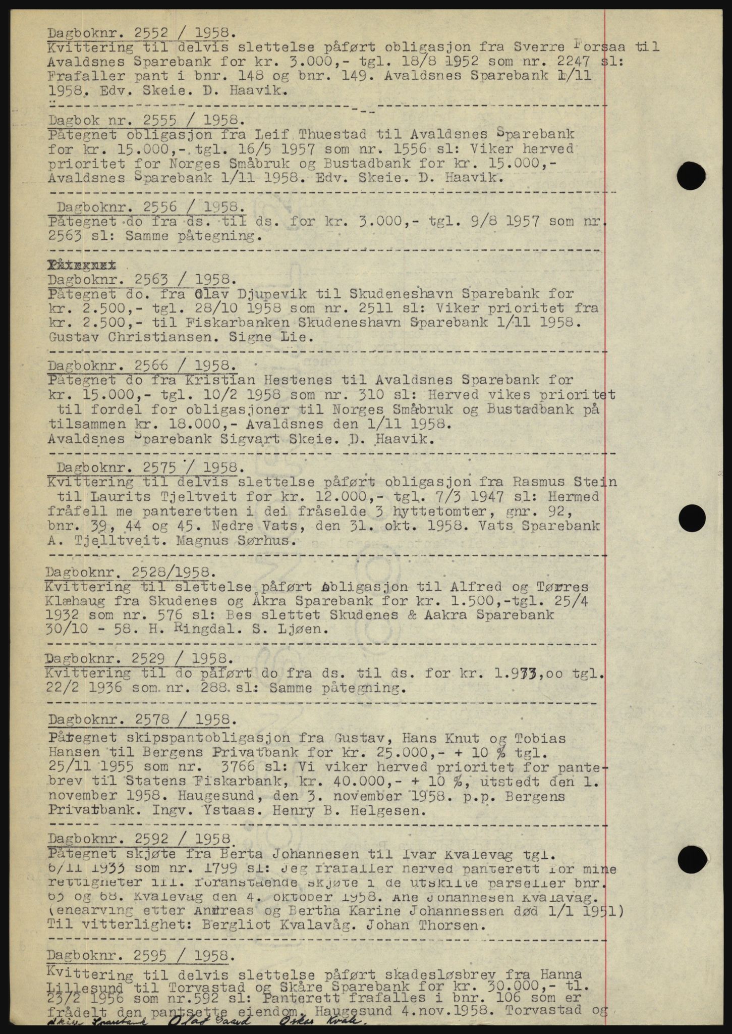 Karmsund sorenskriveri, AV/SAST-A-100311/01/II/IIBBE/L0041: Mortgage book no. B 87, 1958-1958, Diary no: : 2552/1958