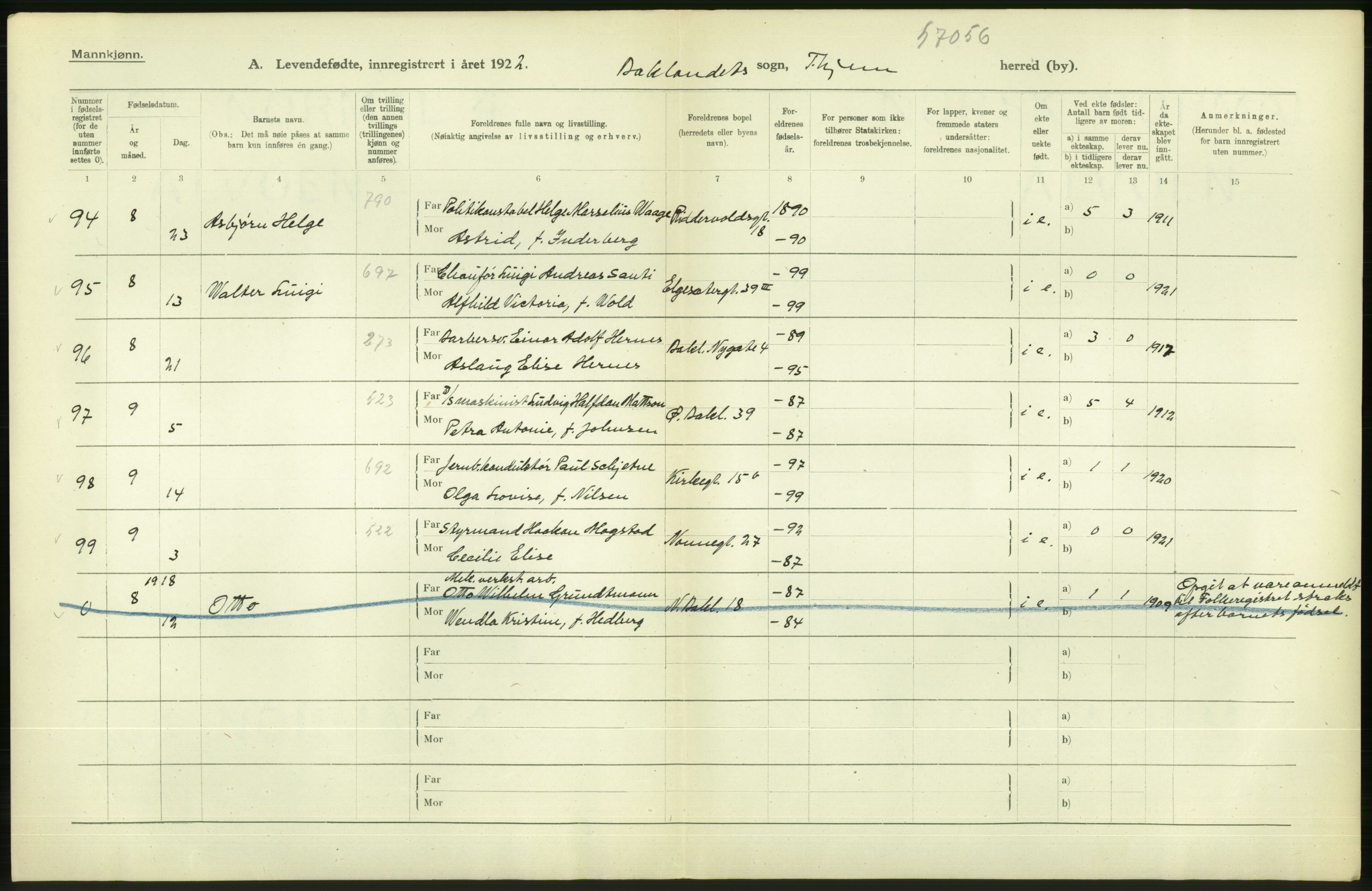 Statistisk sentralbyrå, Sosiodemografiske emner, Befolkning, AV/RA-S-2228/D/Df/Dfc/Dfcb/L0039: Trondheim: Levendefødte menn og kvinner., 1922, p. 52