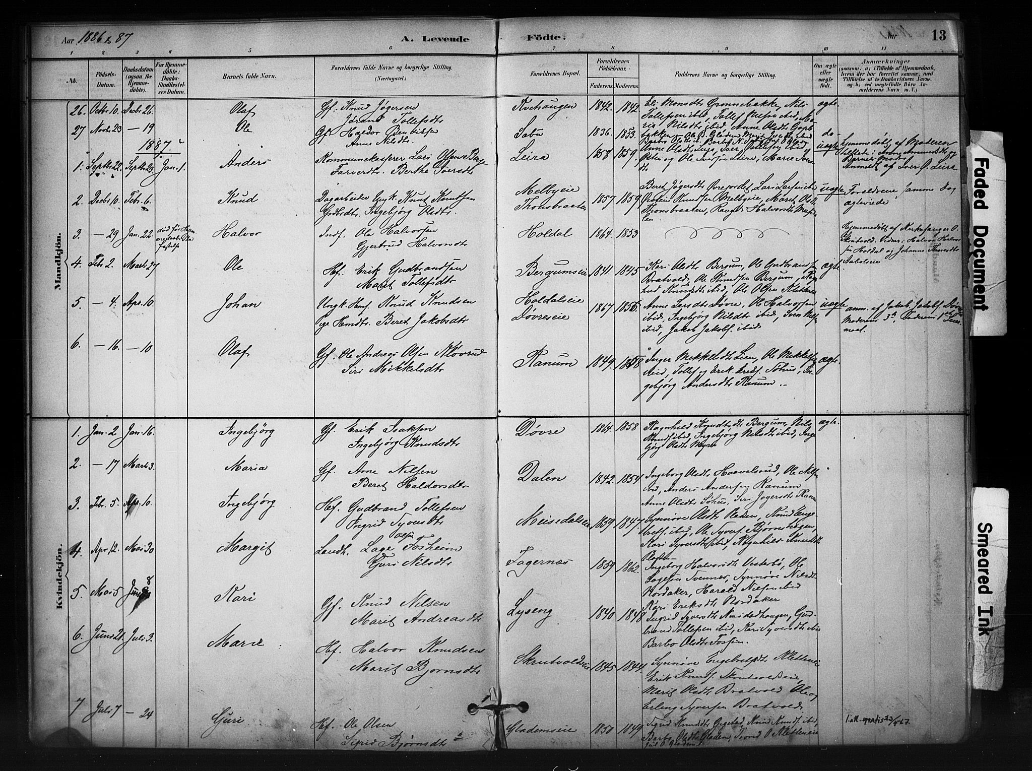 Nord-Aurdal prestekontor, SAH/PREST-132/H/Ha/Haa/L0012: Parish register (official) no. 12, 1883-1895, p. 13