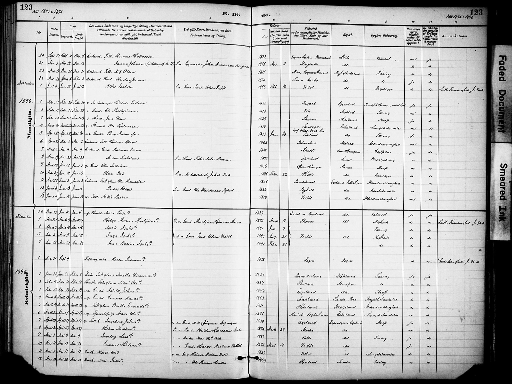 Gjerstad sokneprestkontor, AV/SAK-1111-0014/F/Fa/Faa/L0010: Parish register (official) no. A 10, 1891-1902, p. 123