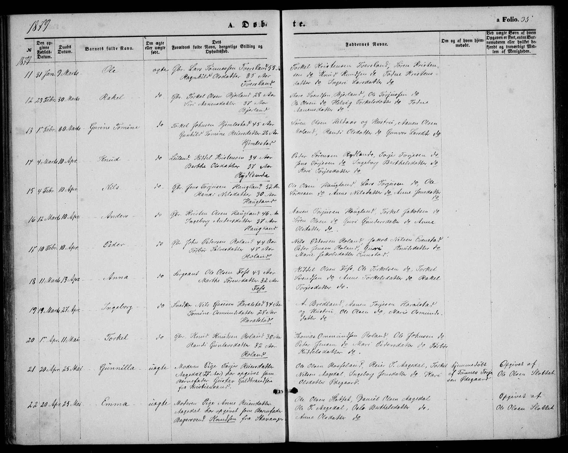 Bjelland sokneprestkontor, AV/SAK-1111-0005/F/Fb/Fba/L0004: Parish register (copy) no. B 4, 1869-1886, p. 35