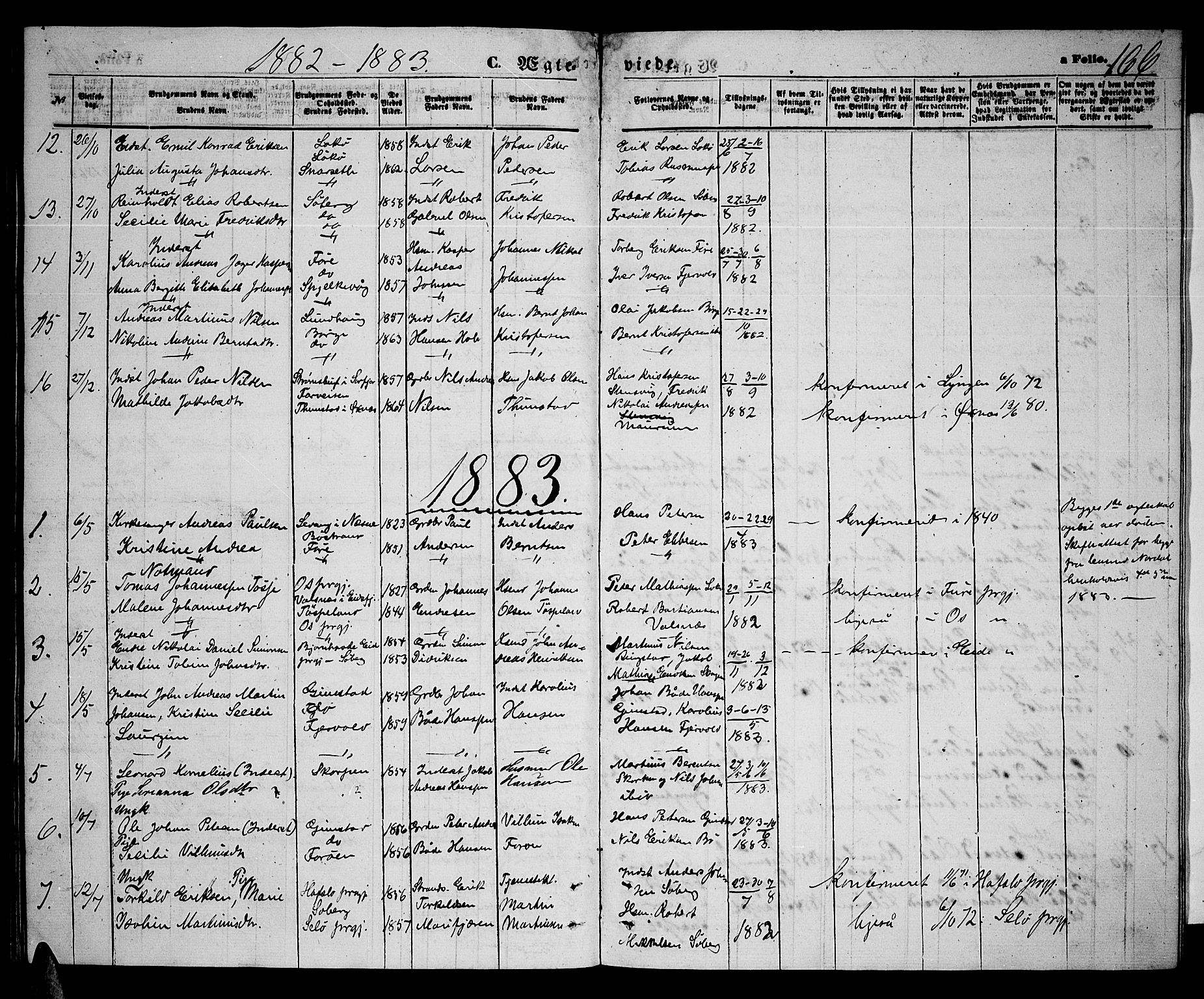 Ministerialprotokoller, klokkerbøker og fødselsregistre - Nordland, AV/SAT-A-1459/891/L1314: Parish register (copy) no. 891C03, 1870-1885, p. 166