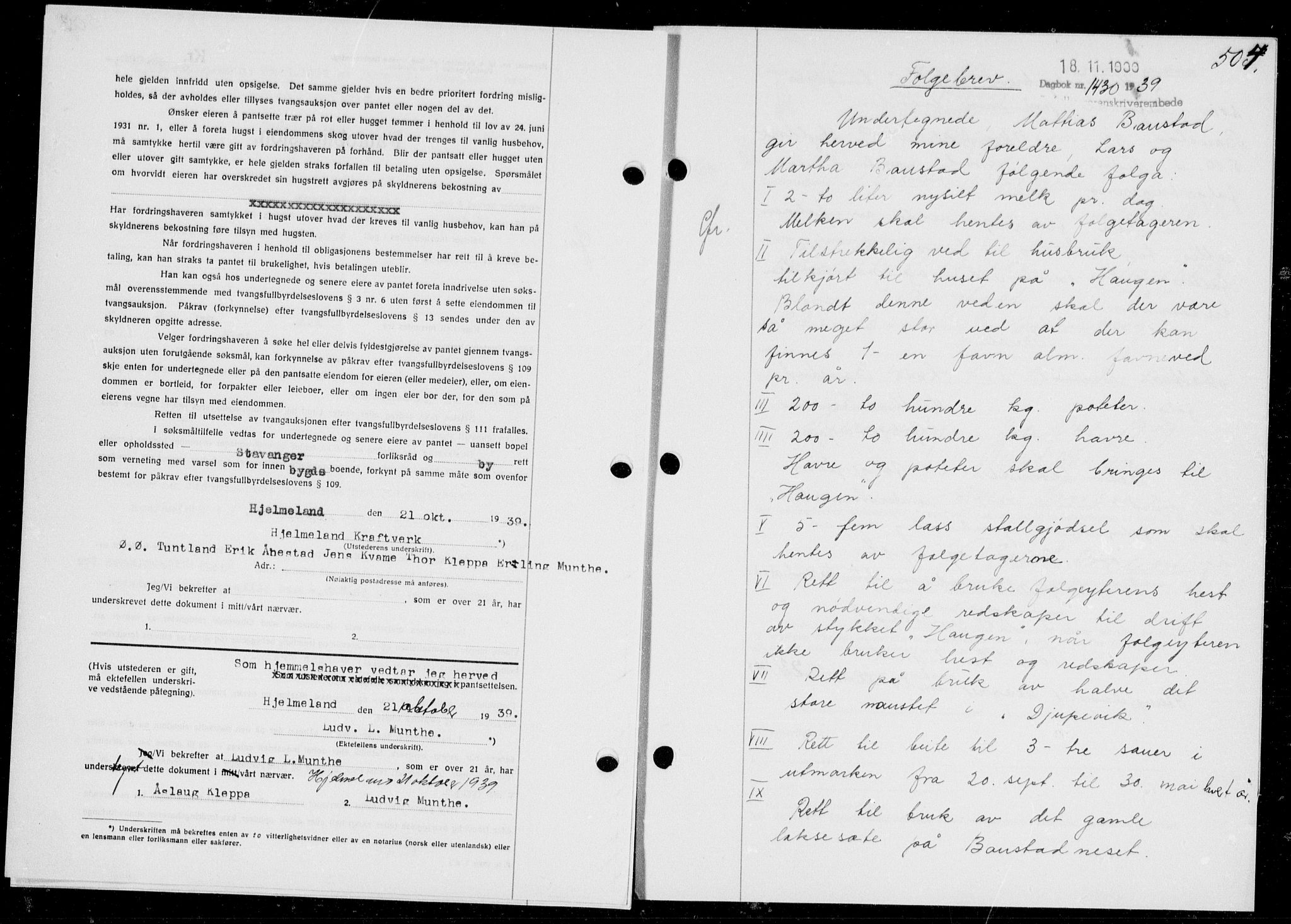 Ryfylke tingrett, AV/SAST-A-100055/001/II/IIB/L0080: Mortgage book no. 59, 1939-1939, Diary no: : 1430/1939