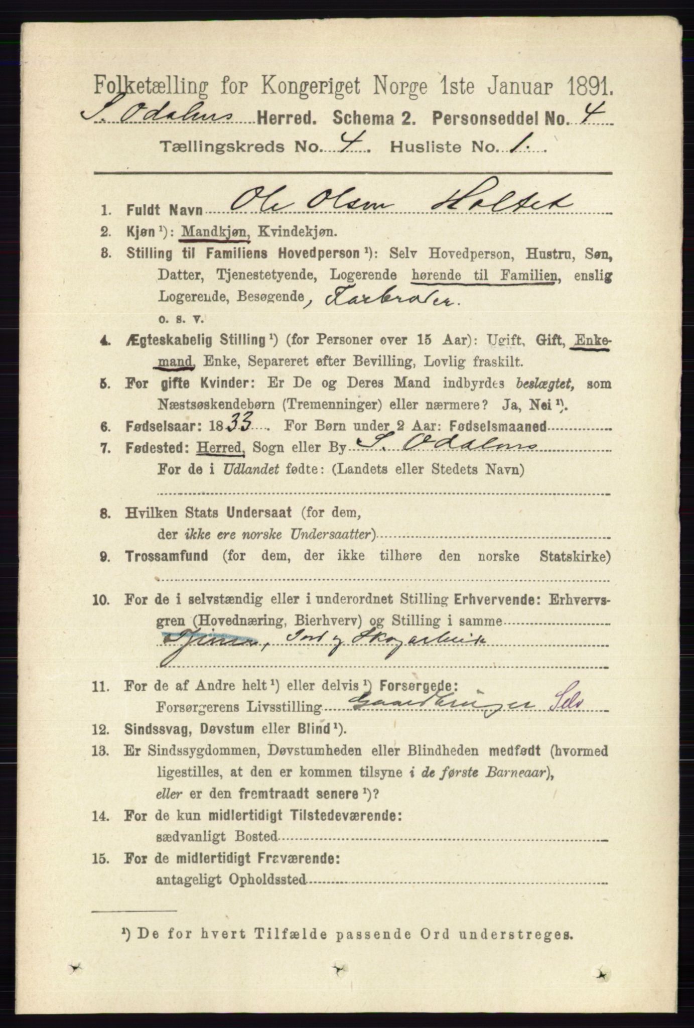 RA, 1891 census for 0419 Sør-Odal, 1891, p. 1743