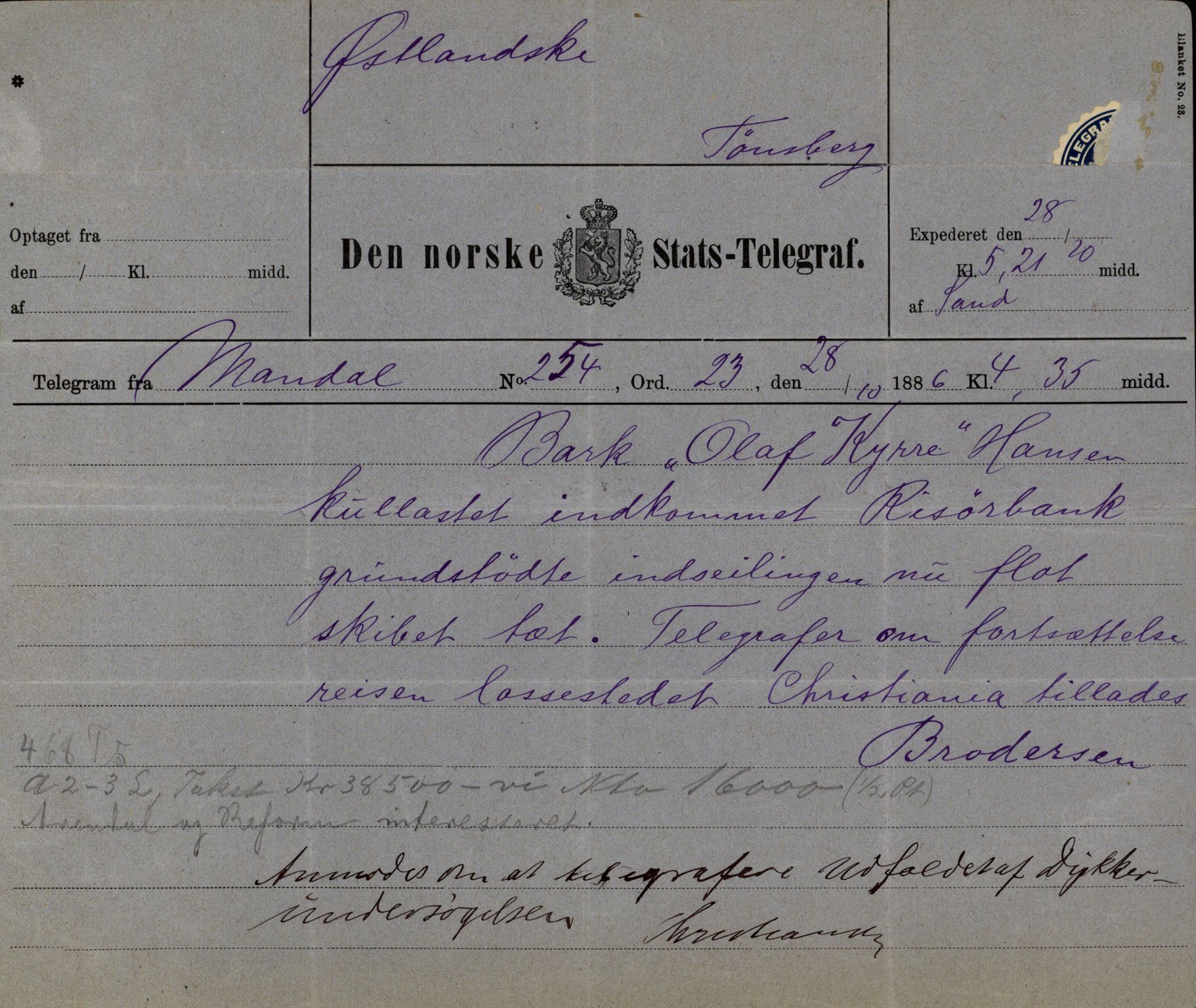 Pa 63 - Østlandske skibsassuranceforening, VEMU/A-1079/G/Ga/L0019/0005: Havaridokumenter / Fridleik, Nordstjernen, Ocean, Olaf Roll, Olaf Kyrre, 1886, p. 36