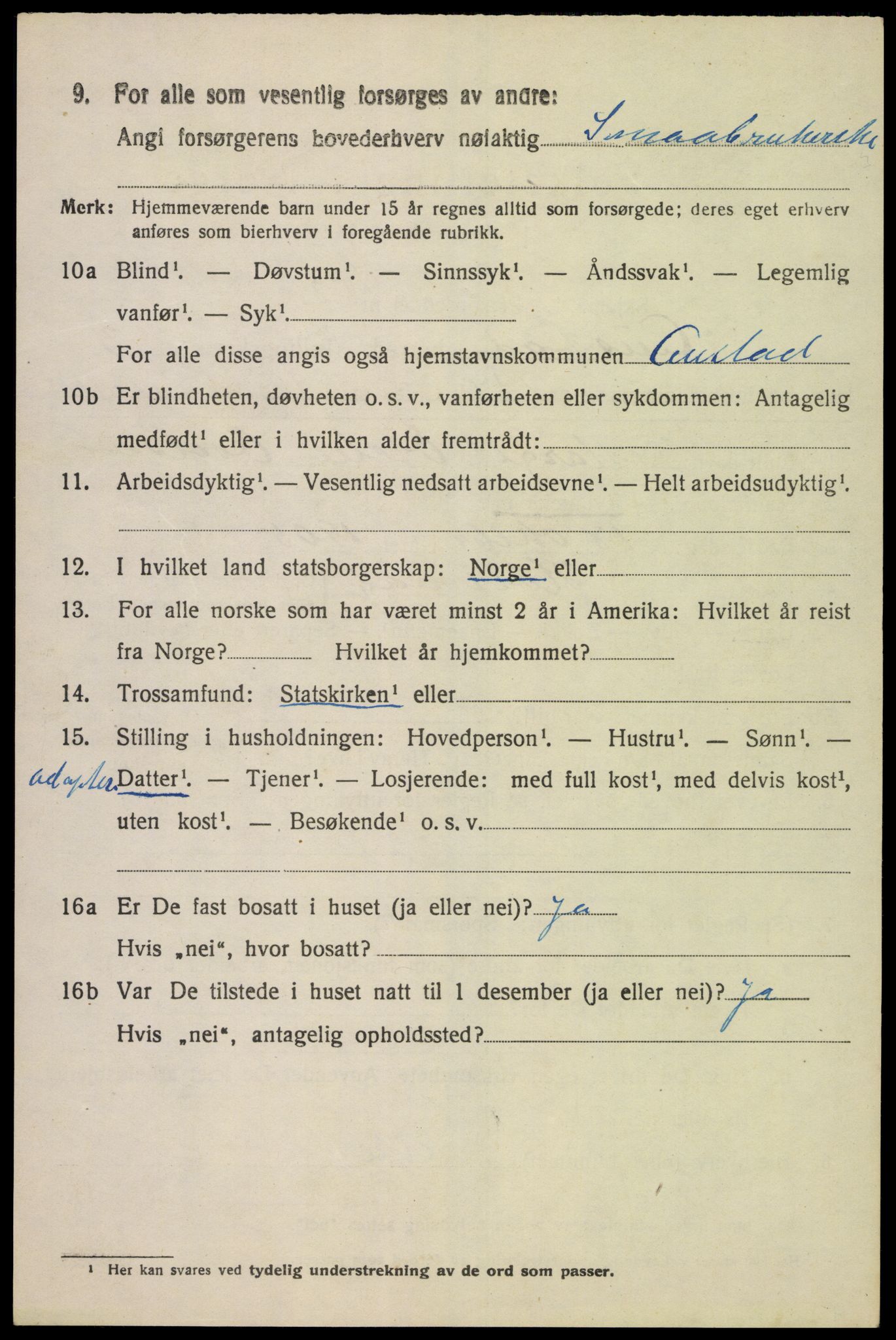 SAK, 1920 census for Austad, 1920, p. 1396