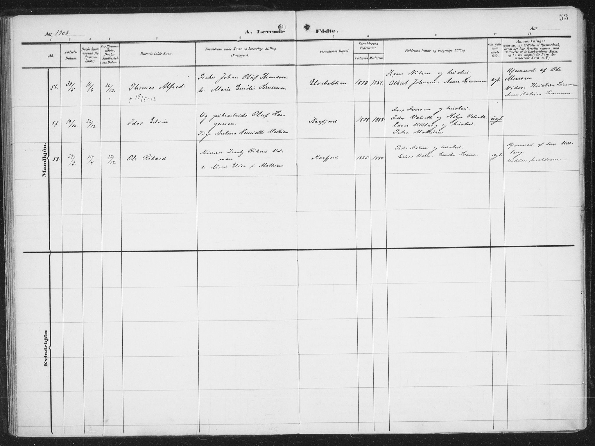 Alta sokneprestkontor, AV/SATØ-S-1338/H/Ha/L0005.kirke: Parish register (official) no. 5, 1904-1918, p. 53