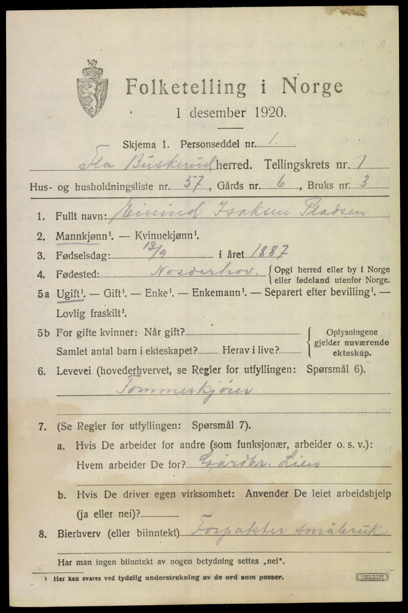 SAKO, 1920 census for Flå, 1920, p. 1365