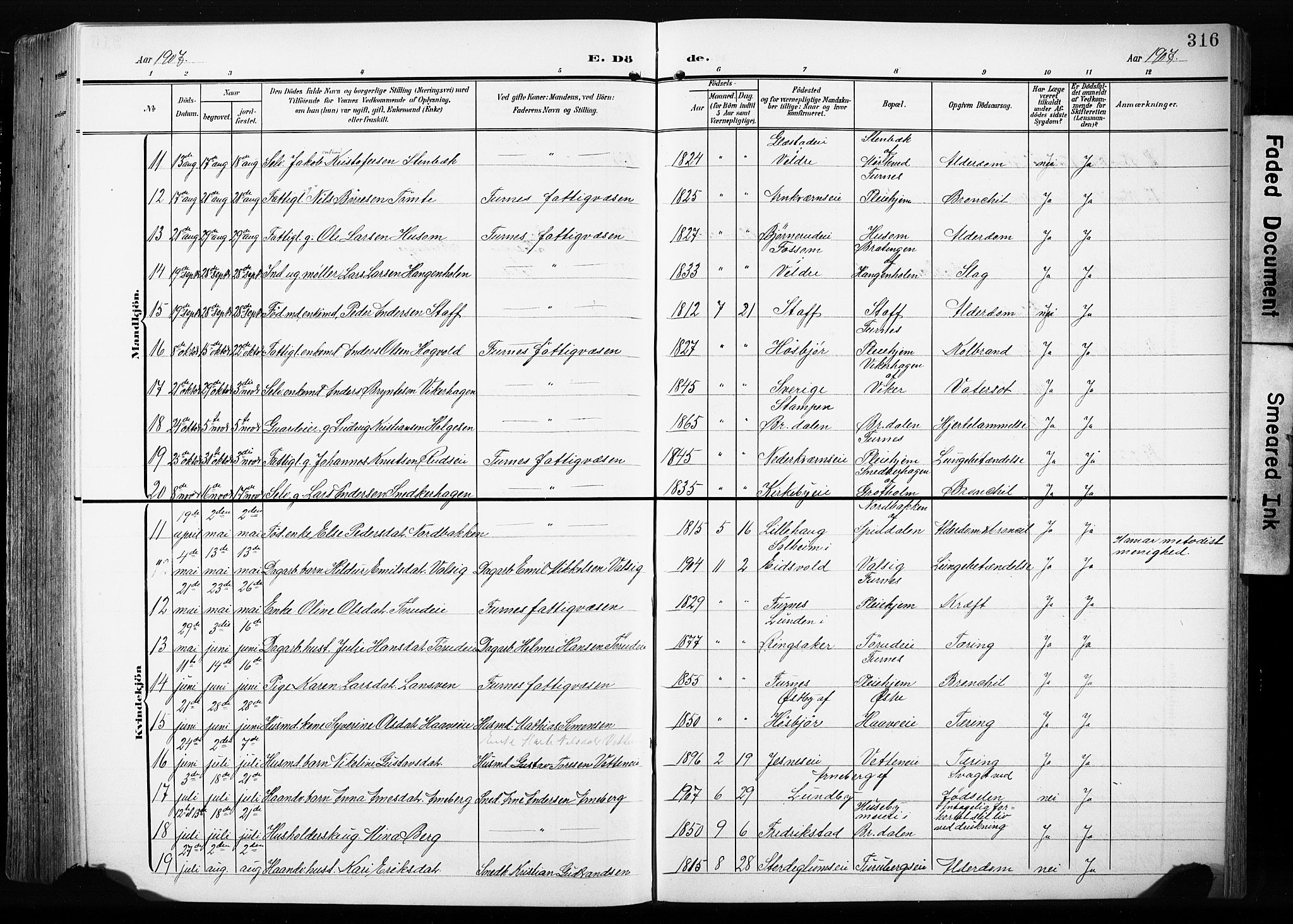Furnes prestekontor, SAH/PREST-012/L/La/L0001: Parish register (copy) no. 1, 1904-1933, p. 316
