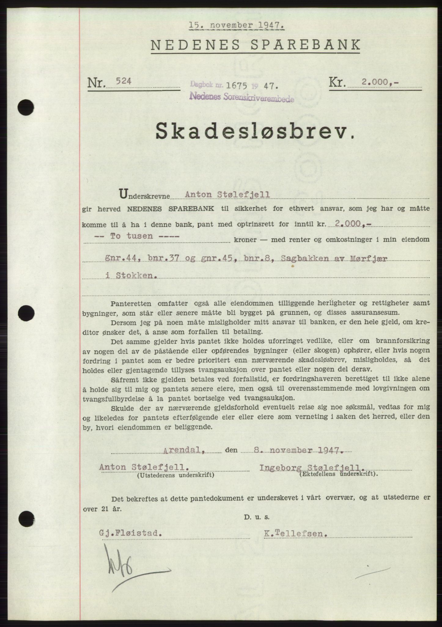 Nedenes sorenskriveri, AV/SAK-1221-0006/G/Gb/Gbb/L0004: Mortgage book no. B4, 1947-1947, Diary no: : 1675/1947