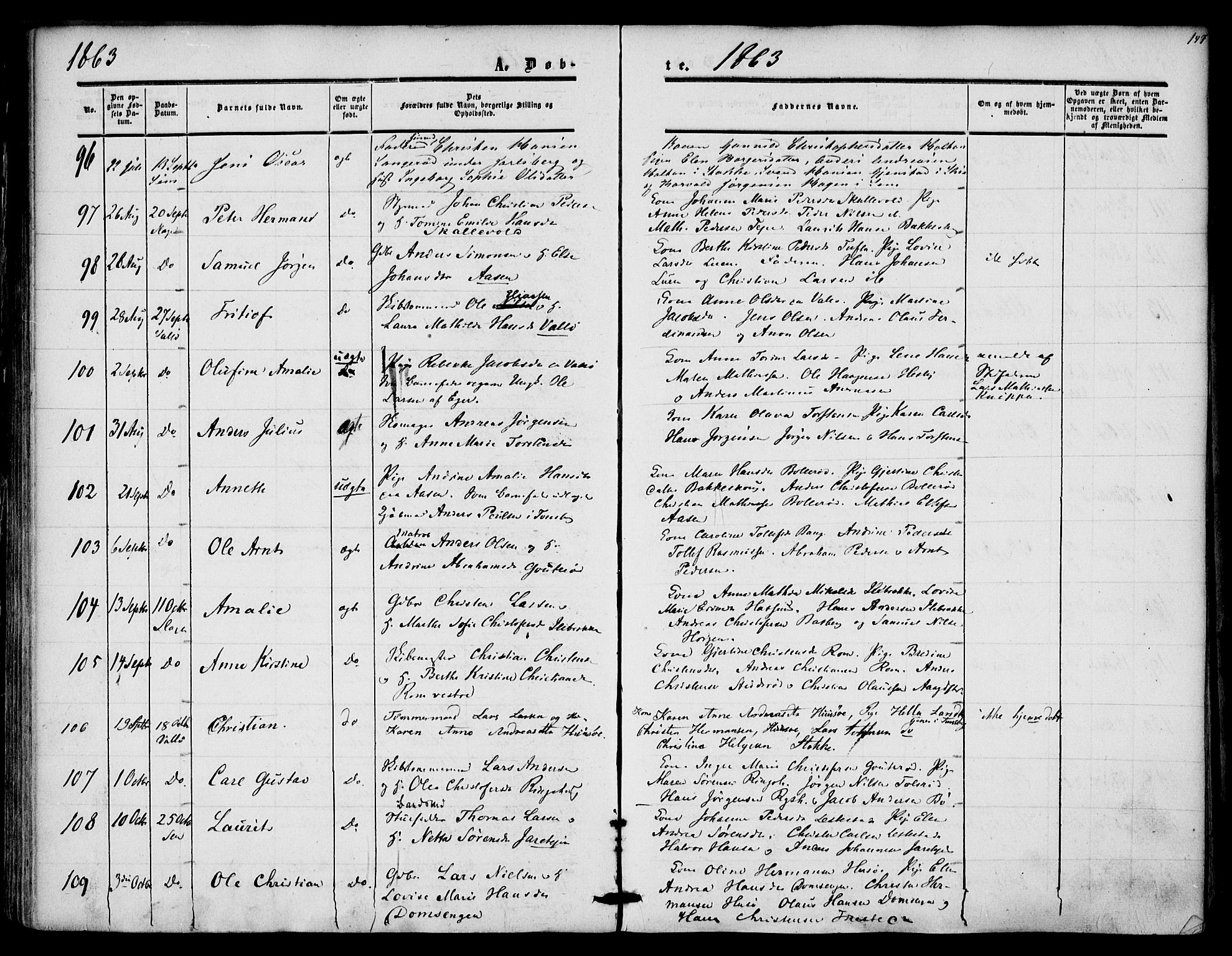 Sem kirkebøker, AV/SAKO-A-5/F/Fa/L0007: Parish register (official) no. I 7, 1856-1865, p. 147