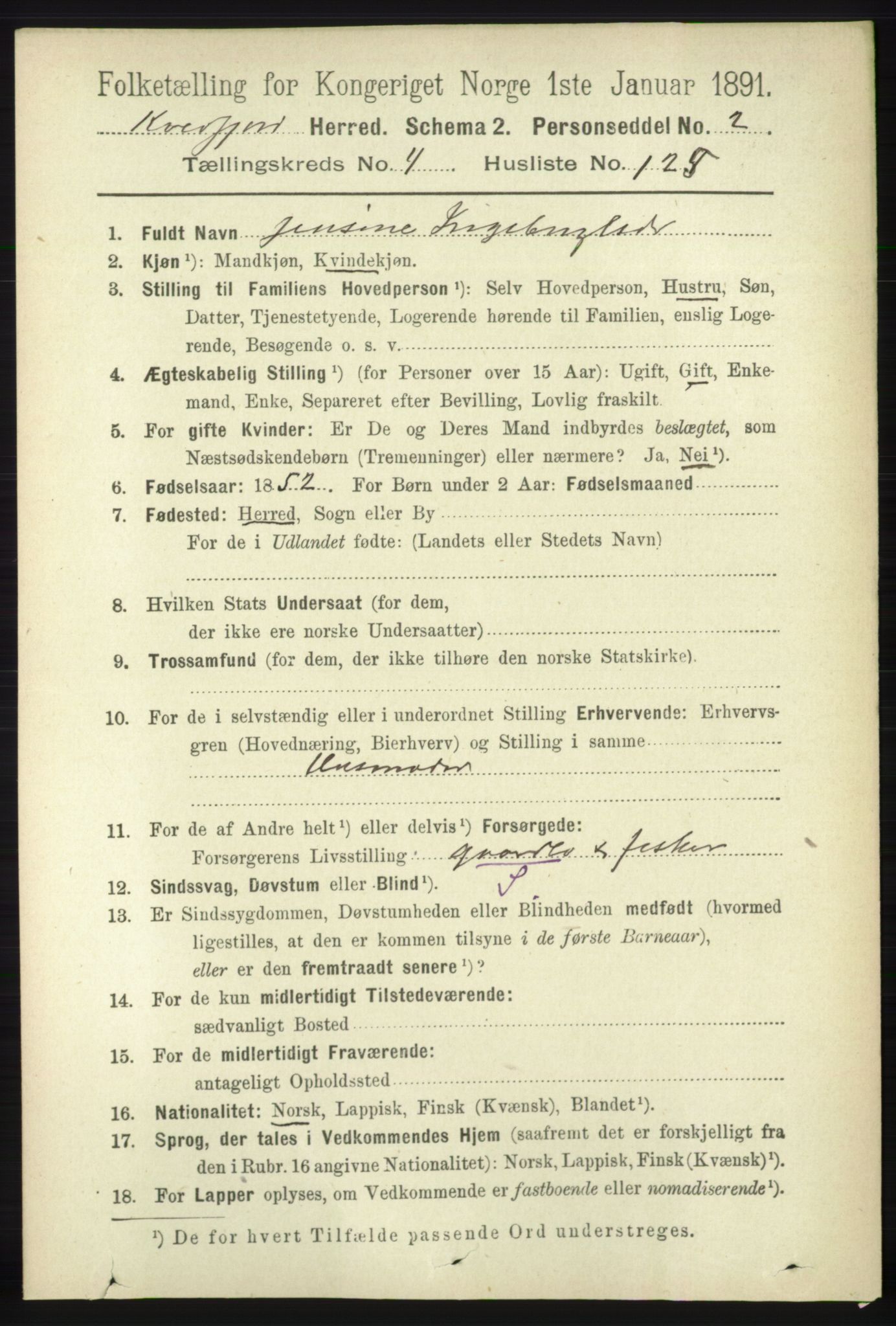 RA, 1891 census for 1911 Kvæfjord, 1891, p. 2689