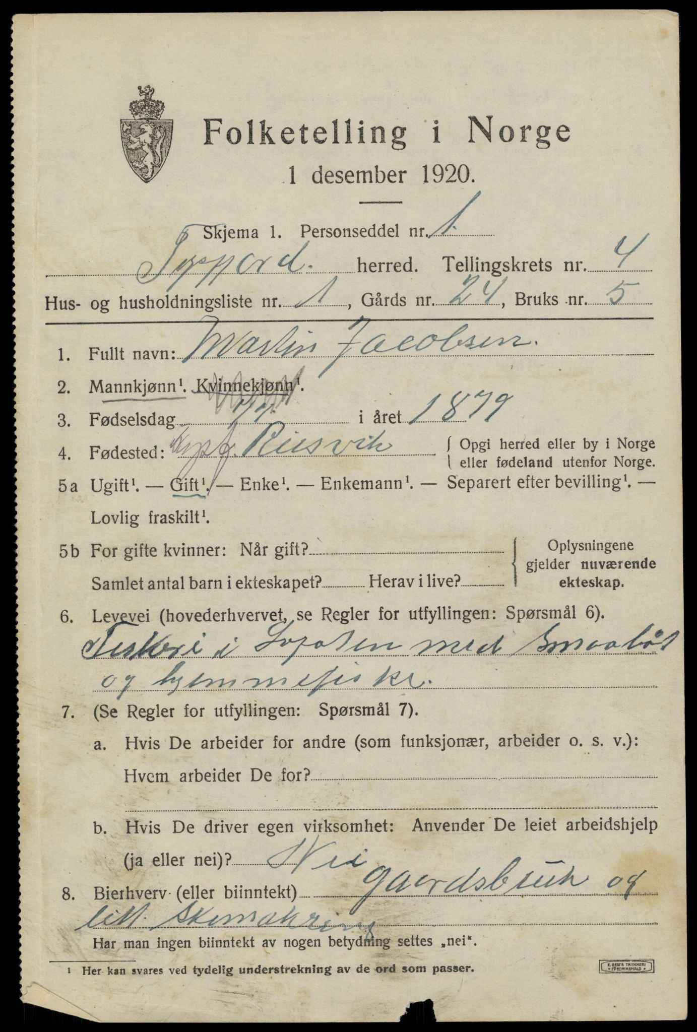 SAT, 1920 census for Tysfjord, 1920, p. 3165