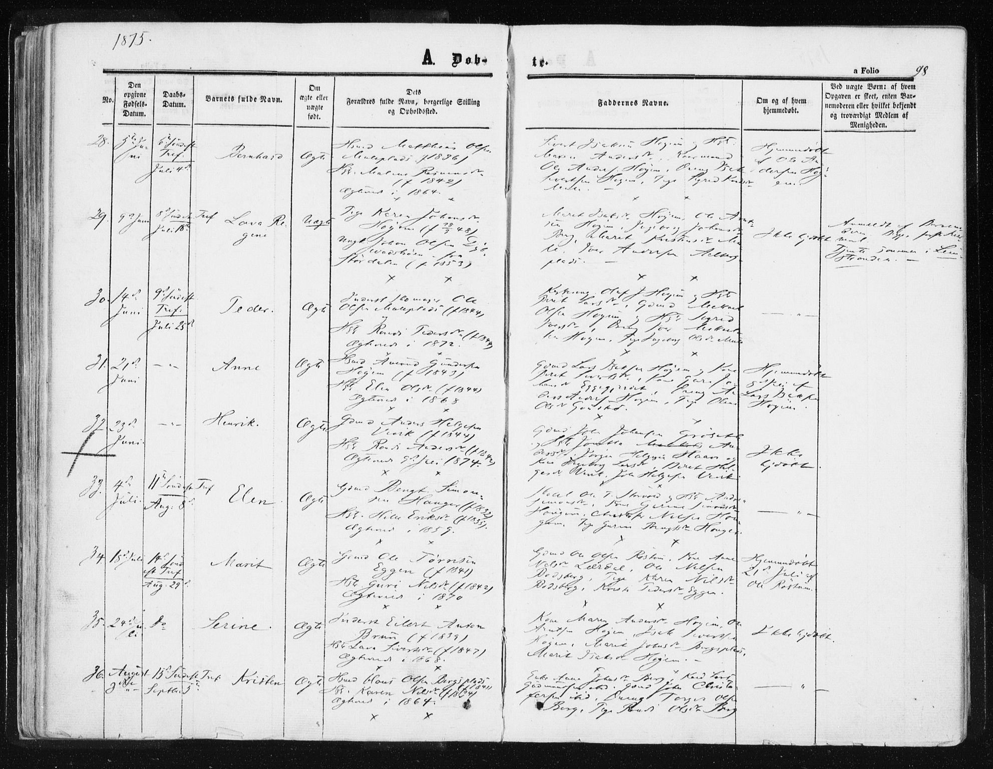 Ministerialprotokoller, klokkerbøker og fødselsregistre - Sør-Trøndelag, AV/SAT-A-1456/612/L0377: Parish register (official) no. 612A09, 1859-1877, p. 98