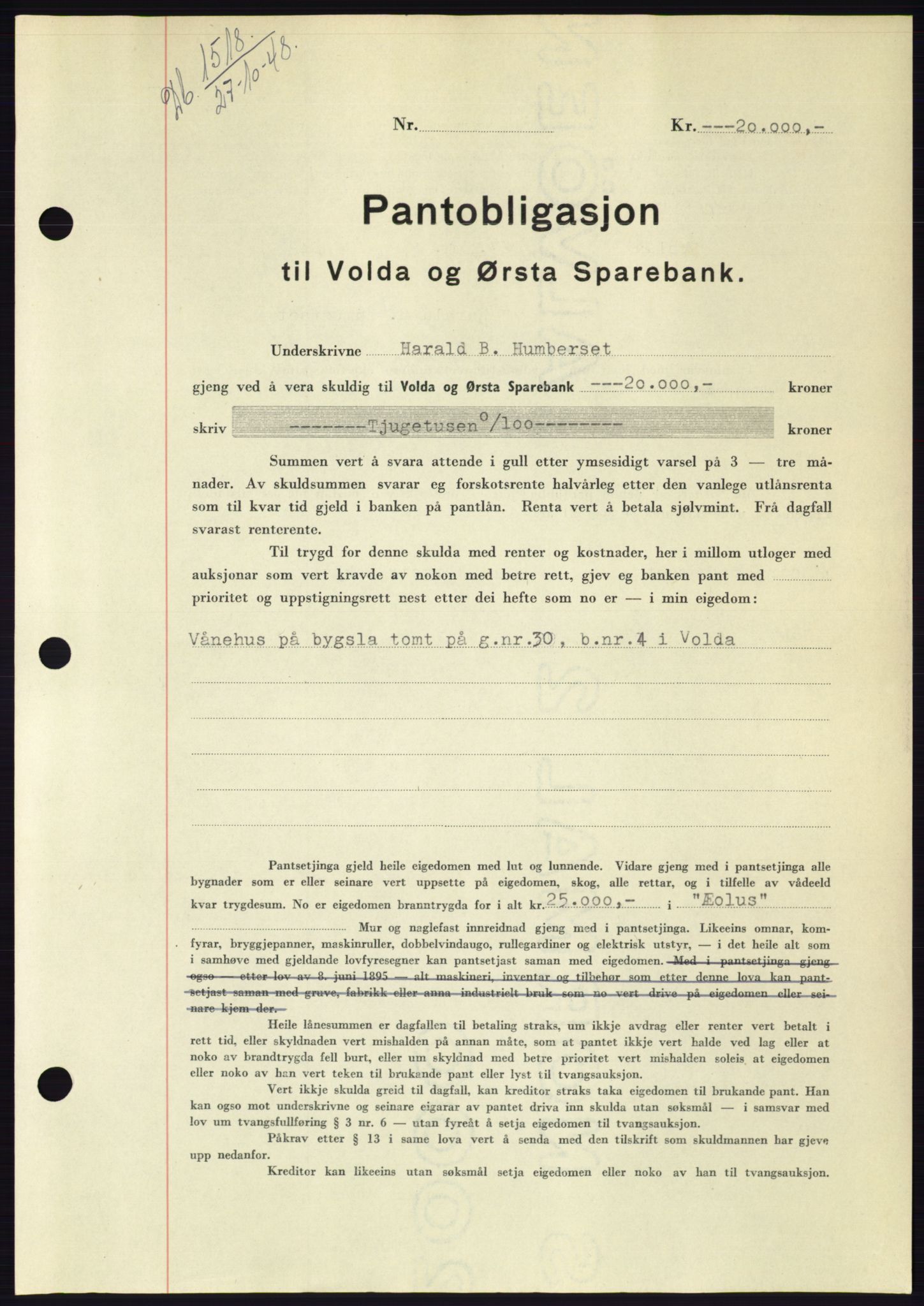 Søre Sunnmøre sorenskriveri, AV/SAT-A-4122/1/2/2C/L0116: Mortgage book no. 4B, 1948-1949, Diary no: : 1518/1948