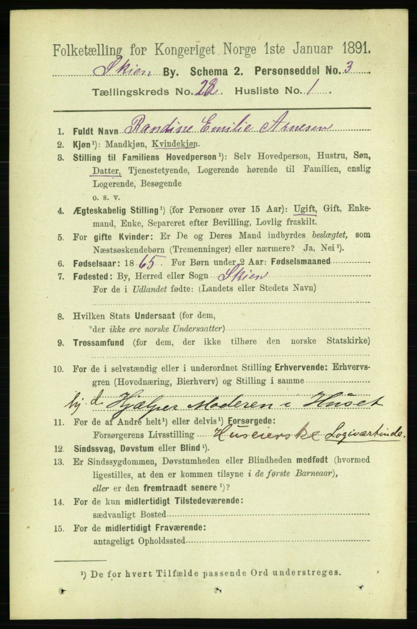 RA, 1891 census for 0806 Skien, 1891, p. 5671