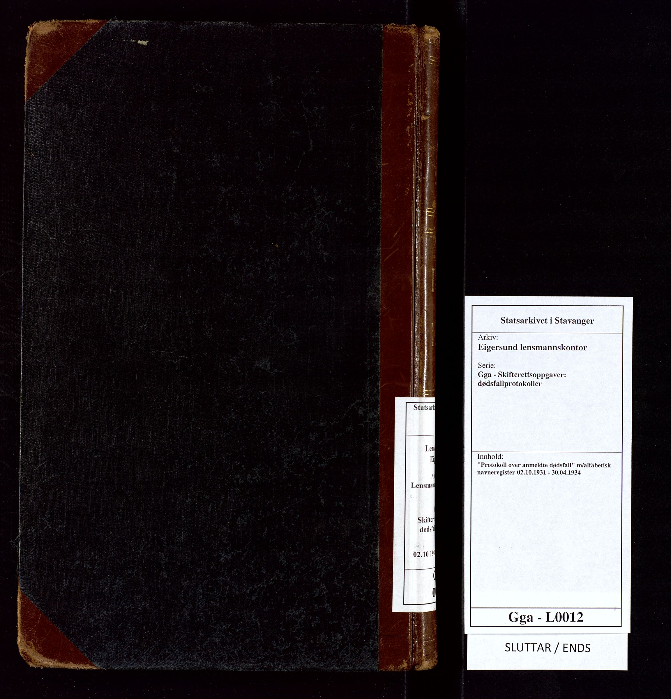 Eigersund lensmannskontor, SAST/A-100171/Gga/L0012: "Protokoll over anmeldte dødsfall" m/alfabetisk navneregister, 1931-1934