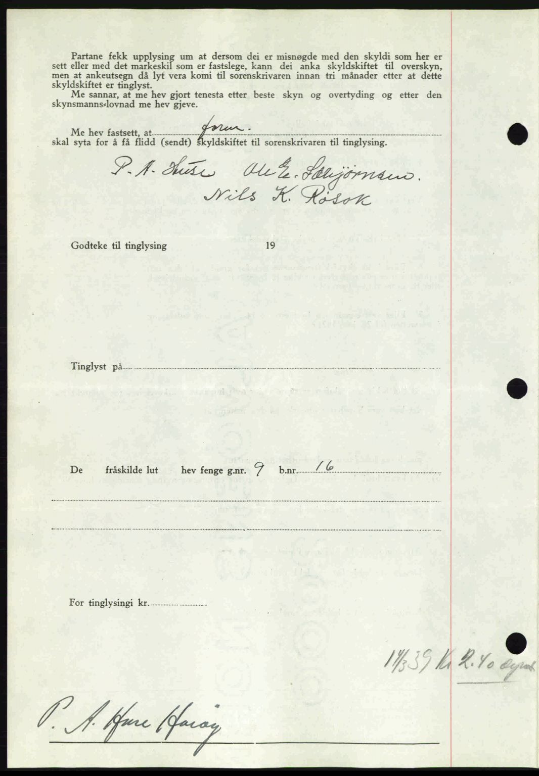 Romsdal sorenskriveri, AV/SAT-A-4149/1/2/2C: Mortgage book no. A6, 1938-1939, Diary no: : 504/1939