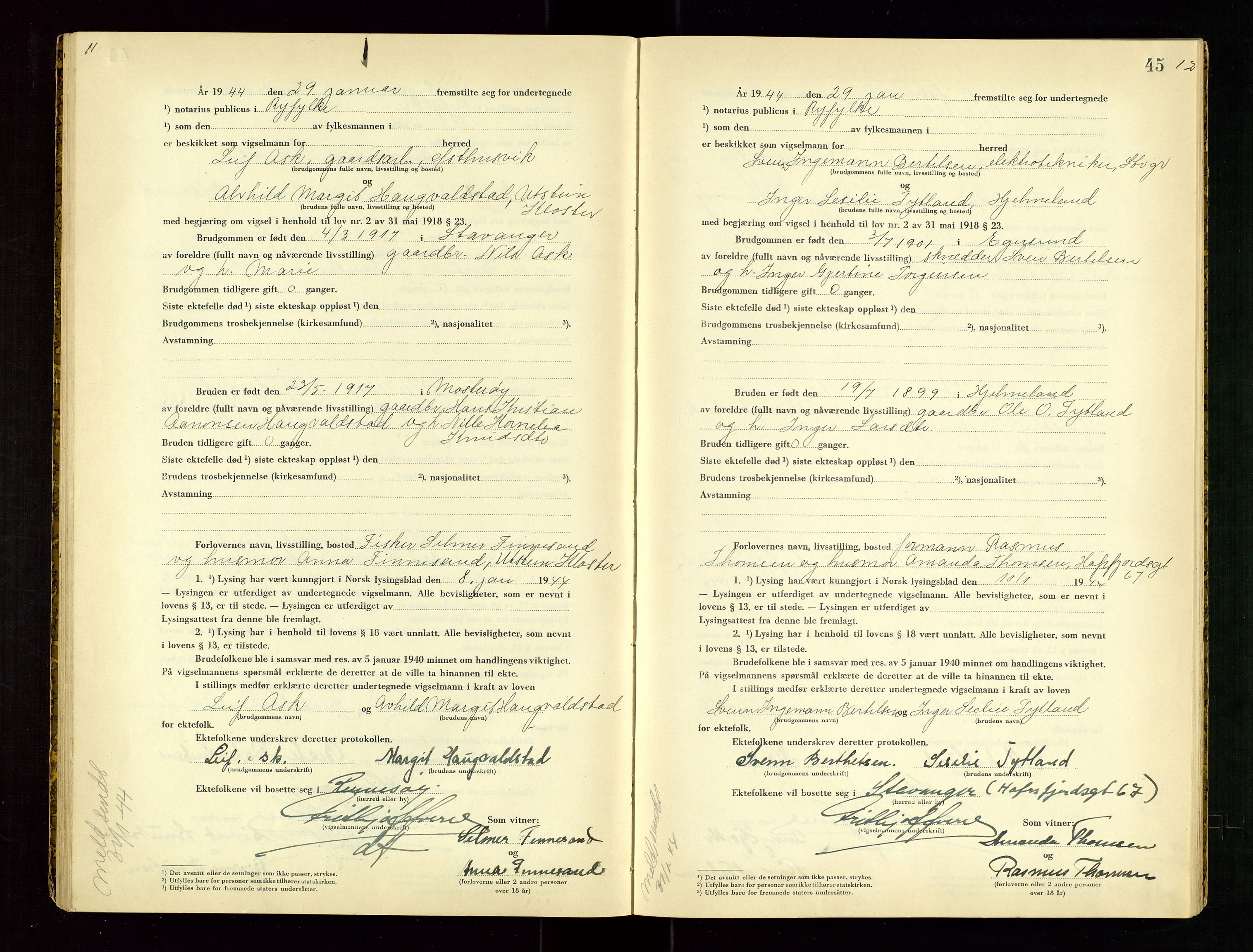 Ryfylke tingrett, AV/SAST-A-100055/001/III/IIIC/L0003: Vigselbok, 1943-1944, p. 45