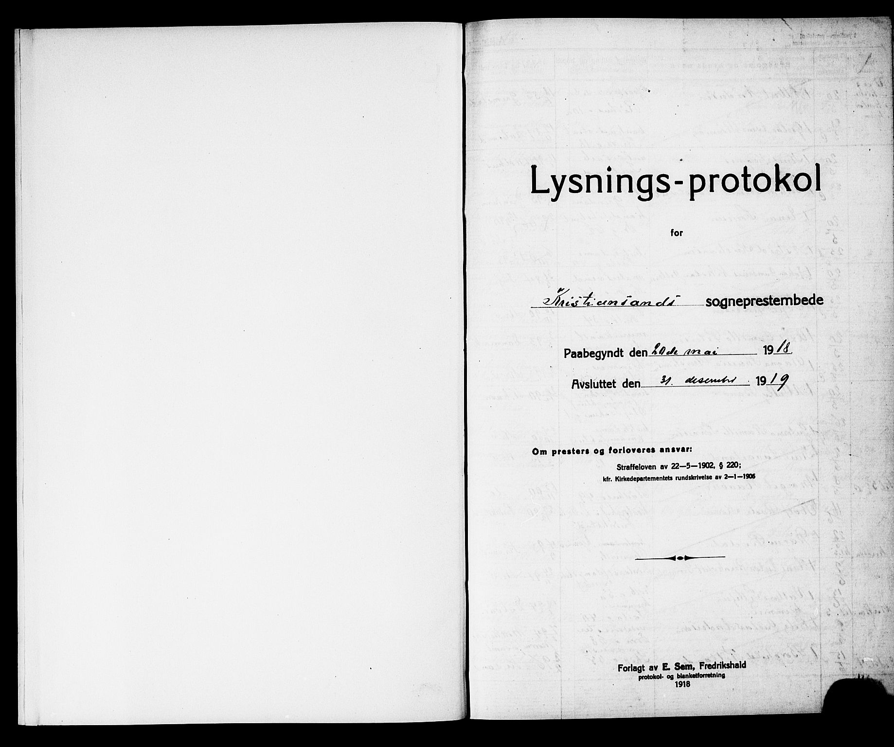 Kristiansand domprosti, SAK/1112-0006/J/Je/L0005: Banns register no. A VI 21, 1918-1919