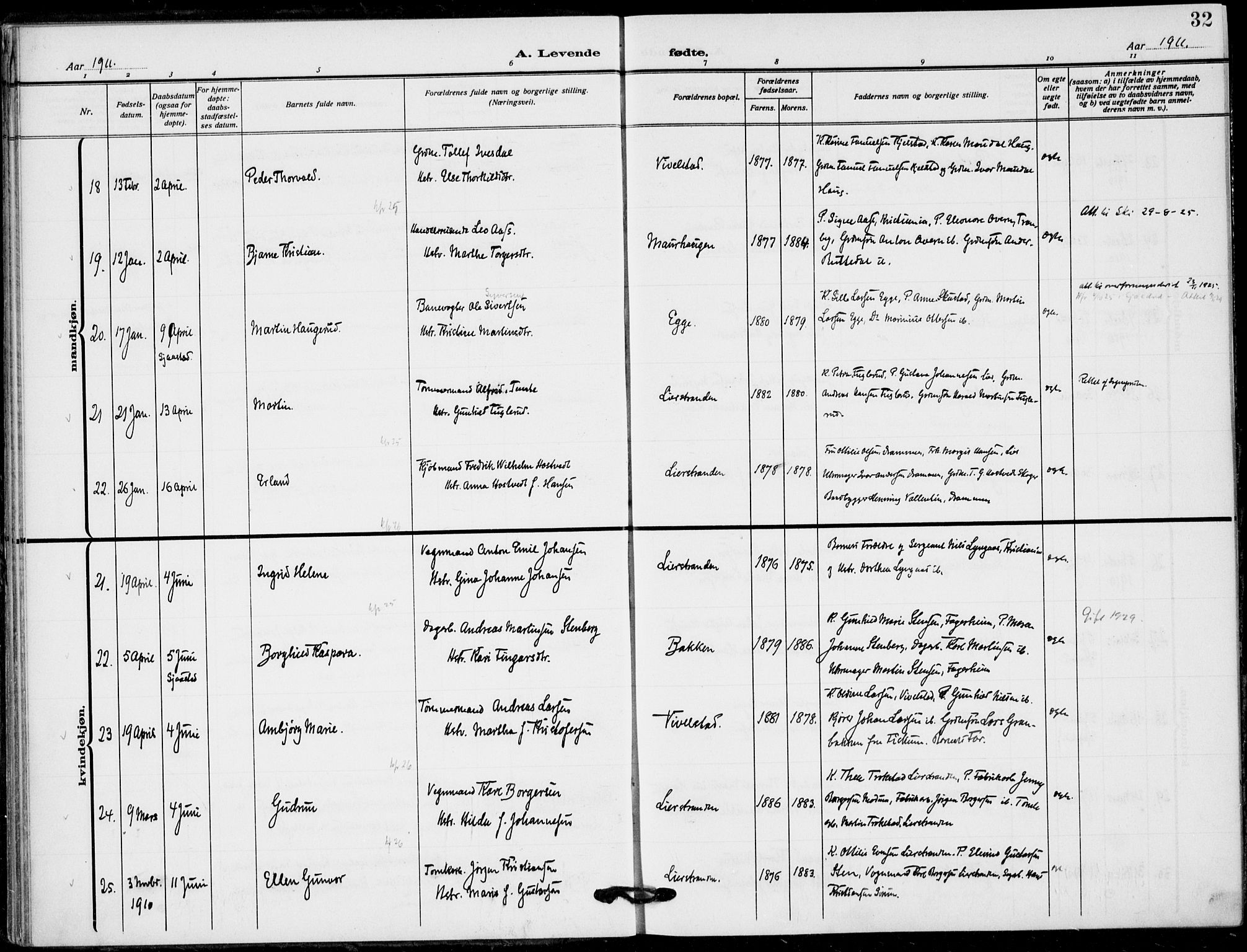 Lier kirkebøker, AV/SAKO-A-230/F/Fa/L0018: Parish register (official) no. I 18, 1909-1917, p. 32