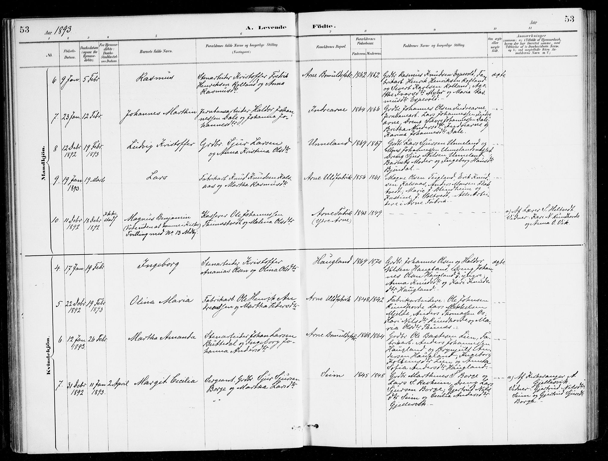 Haus sokneprestembete, AV/SAB-A-75601/H/Haa/Haad/L0001: Parish register (official) no. D 1, 1887-1898, p. 53