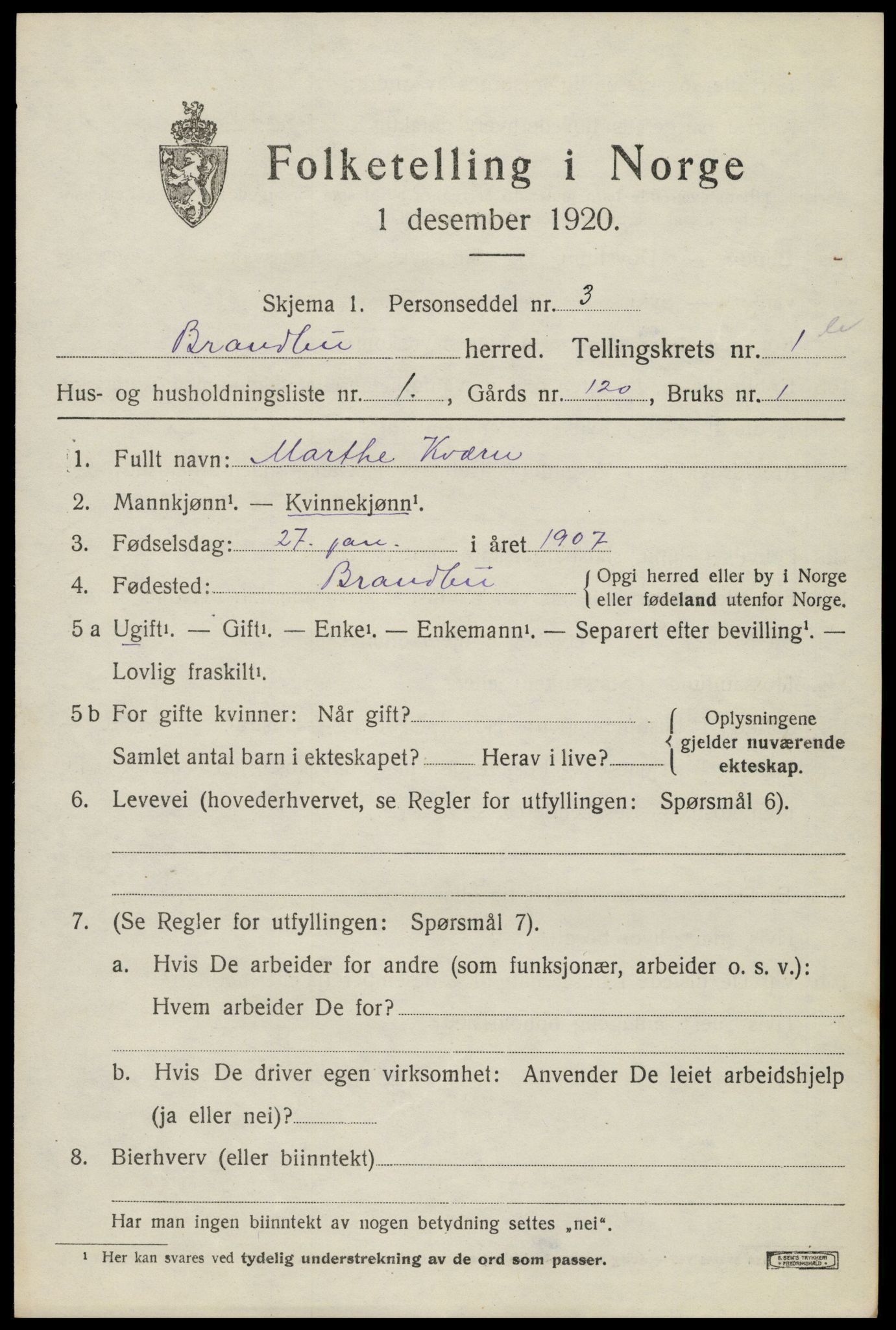 SAH, 1920 census for Brandbu, 1920, p. 3073