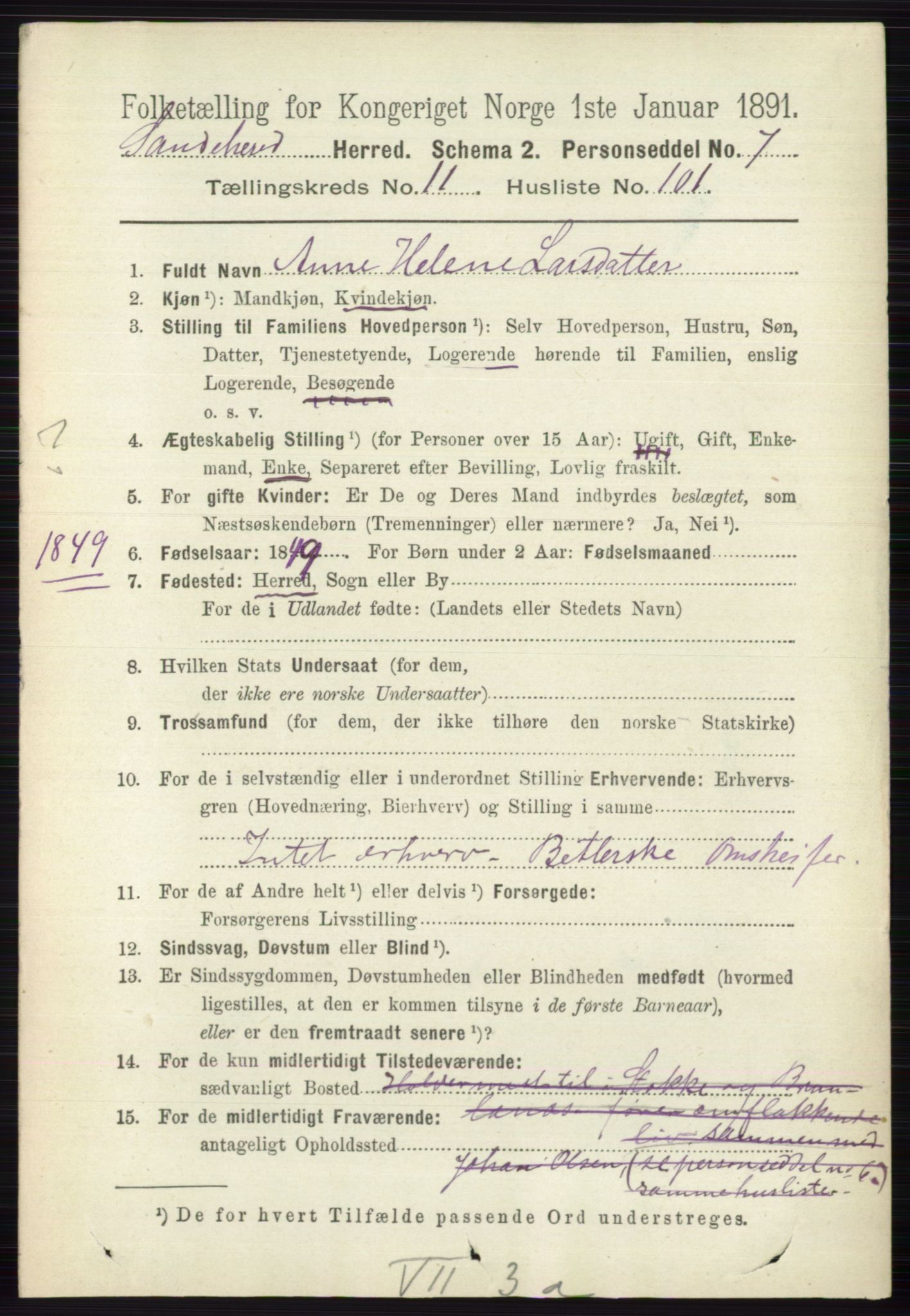 RA, 1891 census for 0724 Sandeherred, 1891, p. 7242