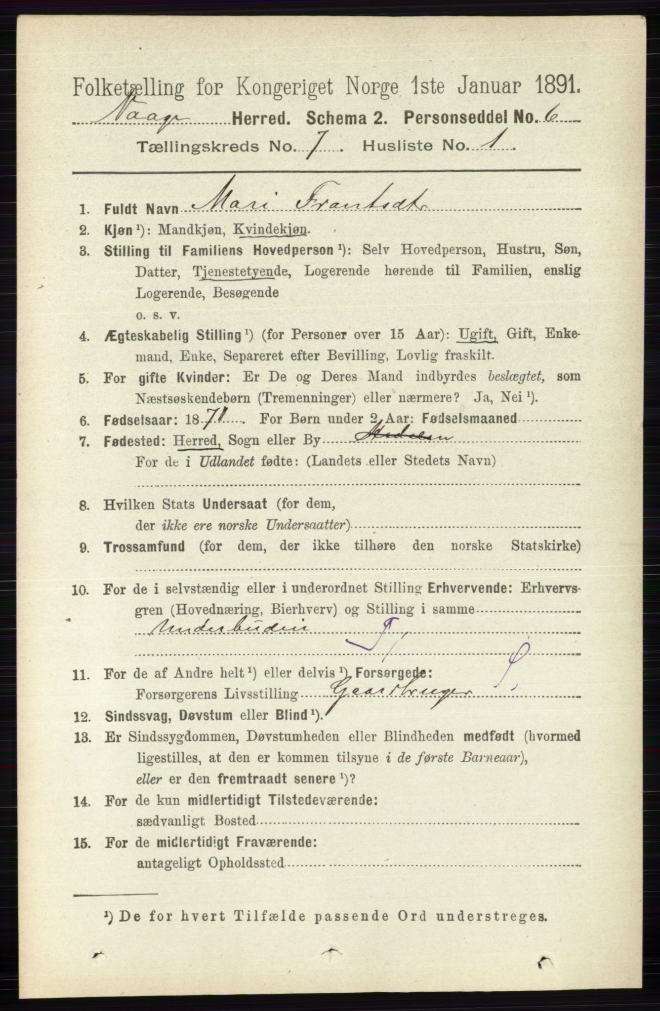 RA, 1891 census for 0515 Vågå, 1891, p. 4331