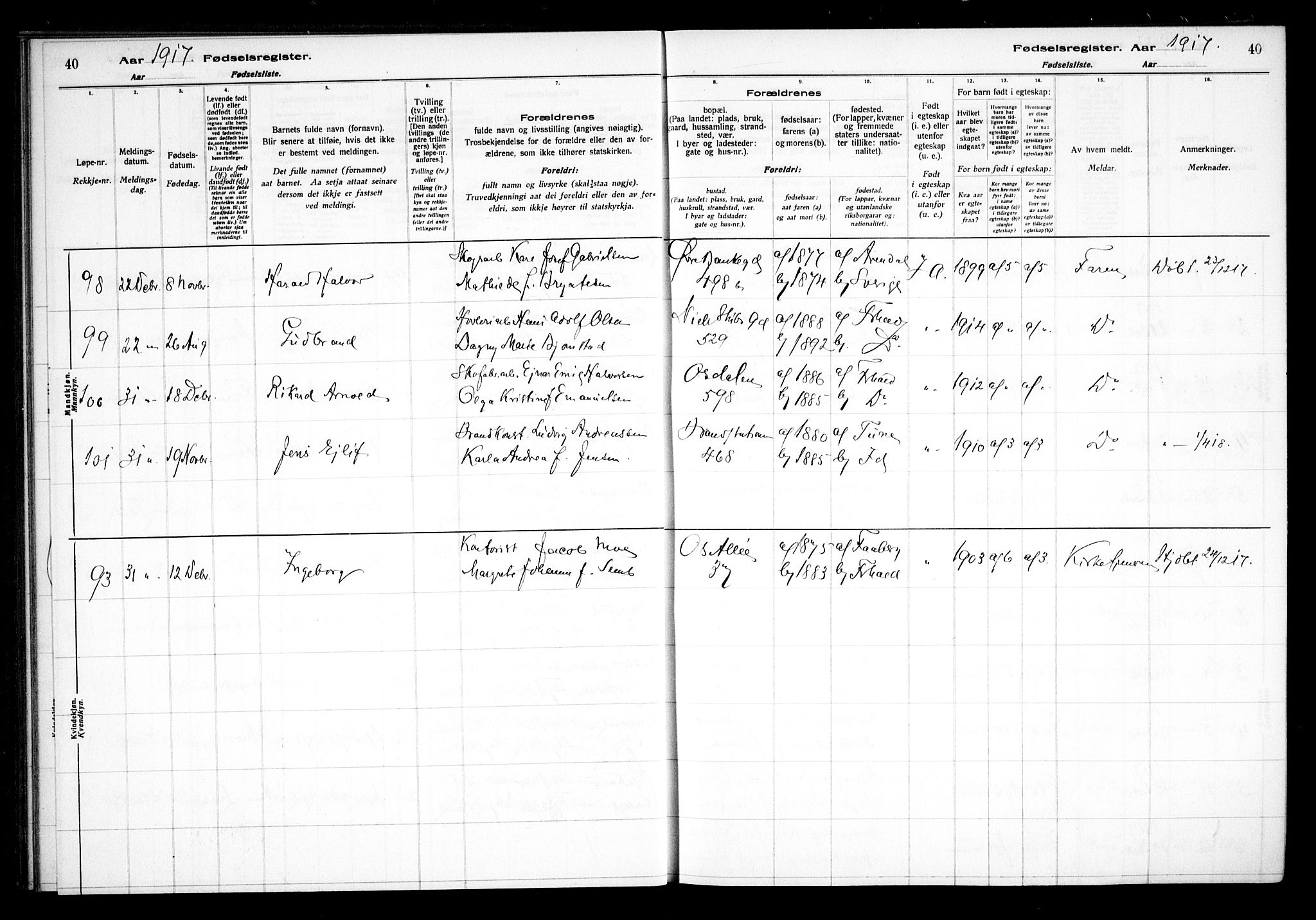 Halden prestekontor Kirkebøker, AV/SAO-A-10909/J/Ja/L0001: Birth register no. I 1, 1916-1925, p. 40