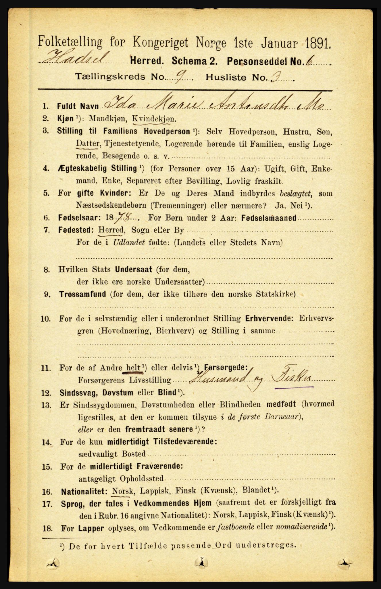 RA, 1891 census for 1866 Hadsel, 1891, p. 3932