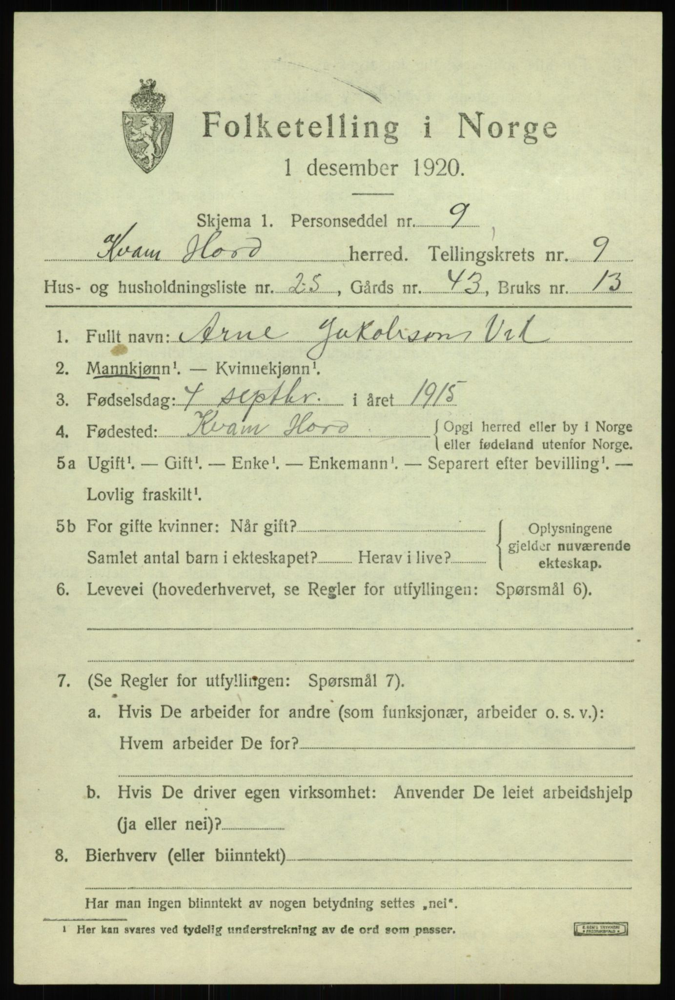 SAB, 1920 census for Kvam, 1920, p. 5983