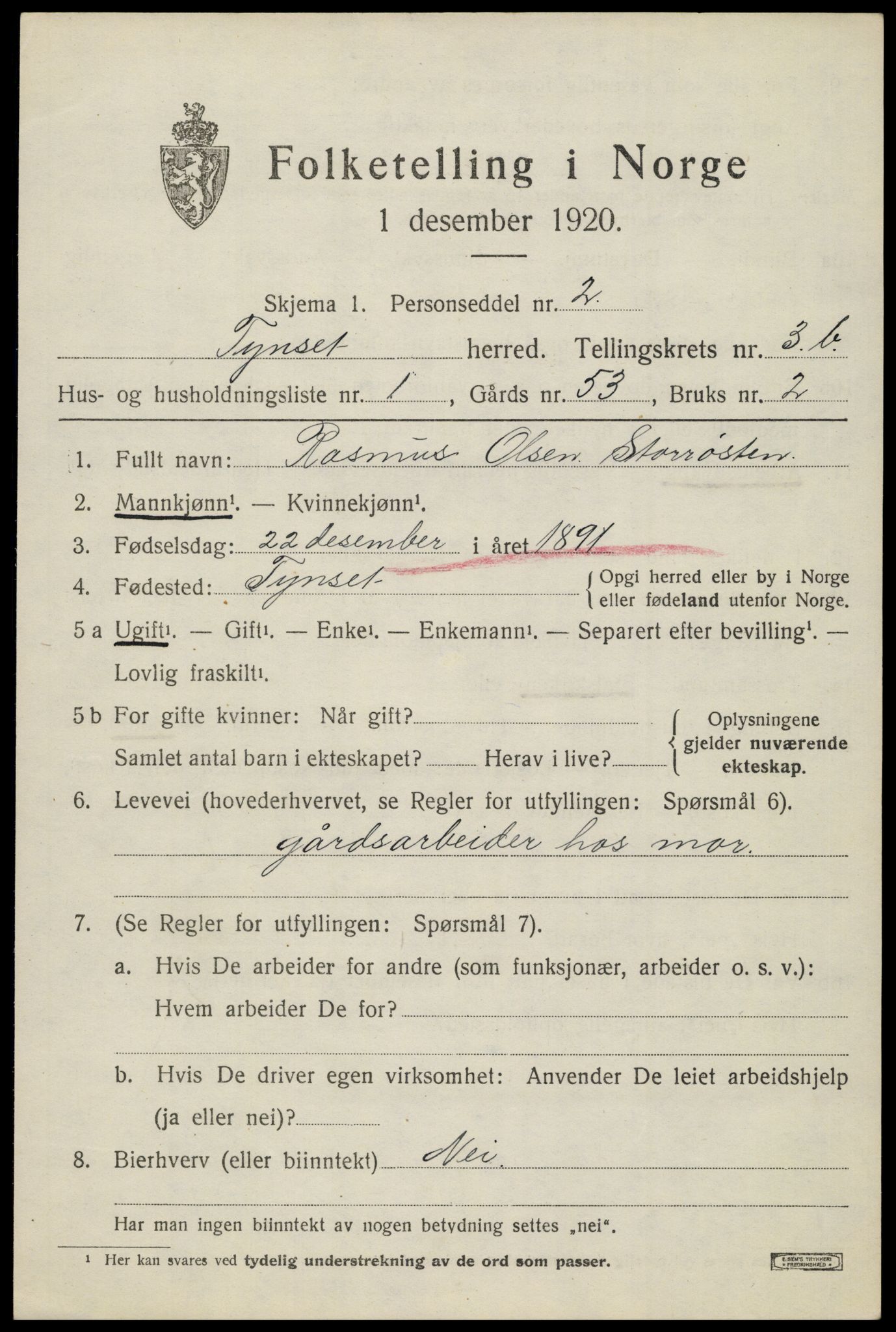 SAH, 1920 census for Tynset, 1920, p. 3140