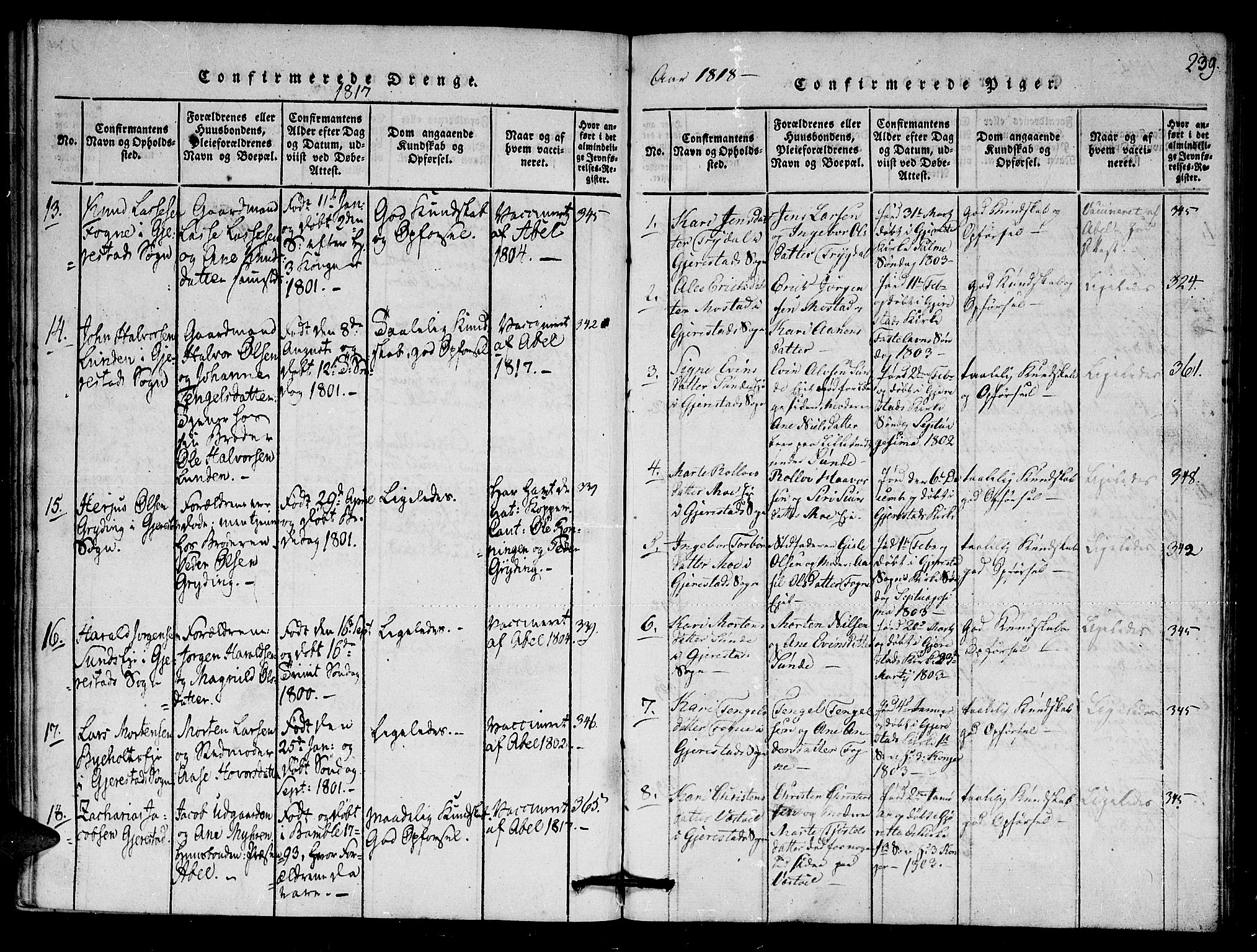 Gjerstad sokneprestkontor, AV/SAK-1111-0014/F/Fa/Faa/L0004: Parish register (official) no. A 4, 1816-1829, p. 239