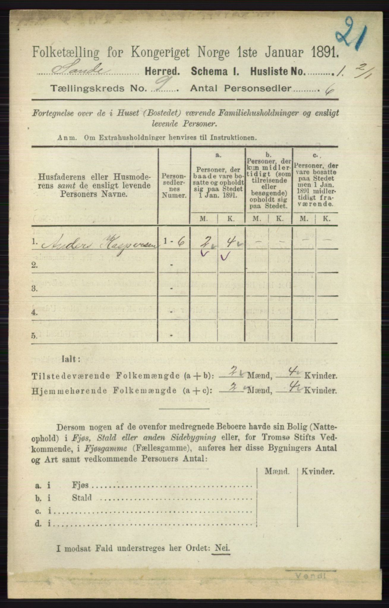 RA, 1891 census for 0713 Sande, 1891, p. 3845